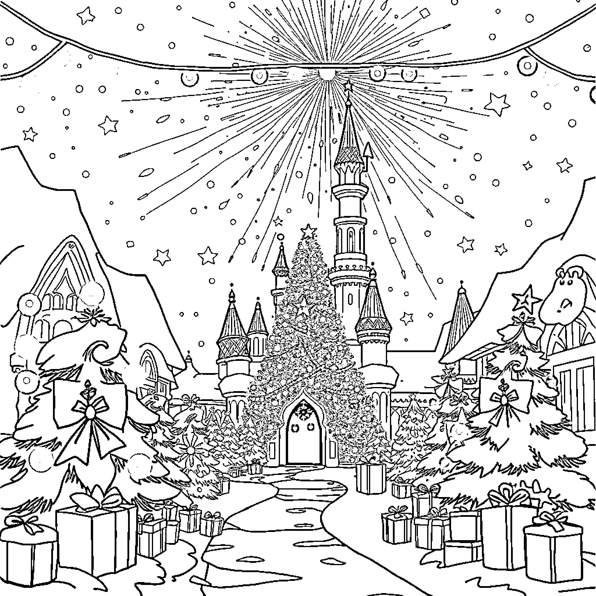 Disney Holiday Celebration at the Enchanted Castle Coloring Page (free black-and-white line drawing printable PDF for all, from beginners to advanced learners, including children, teens, adults, and seniors)