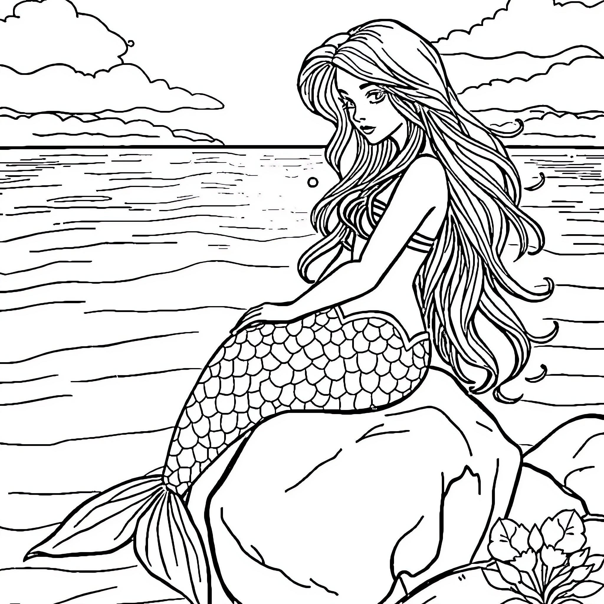 Mermaid gazing over the ocean landscape Coloring Page (free black-and-white line drawing printable PDF for all, from beginners to advanced learners, including children, teens, adults, and seniors)