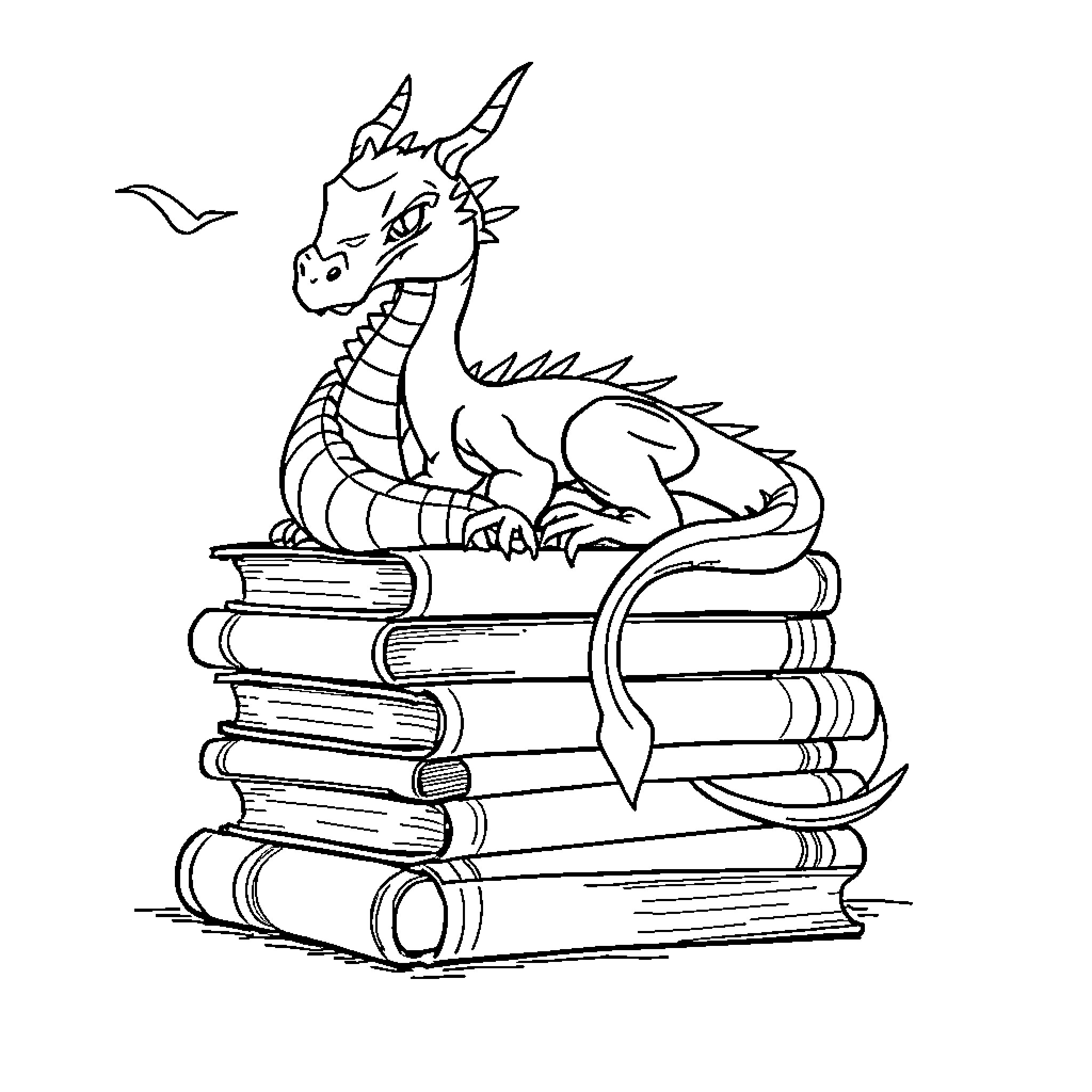 Dragon lounging on stack of books Coloring Page (free black-and-white line drawing printable PDF for all, from beginners to advanced learners, including children, teens, adults, and seniors)