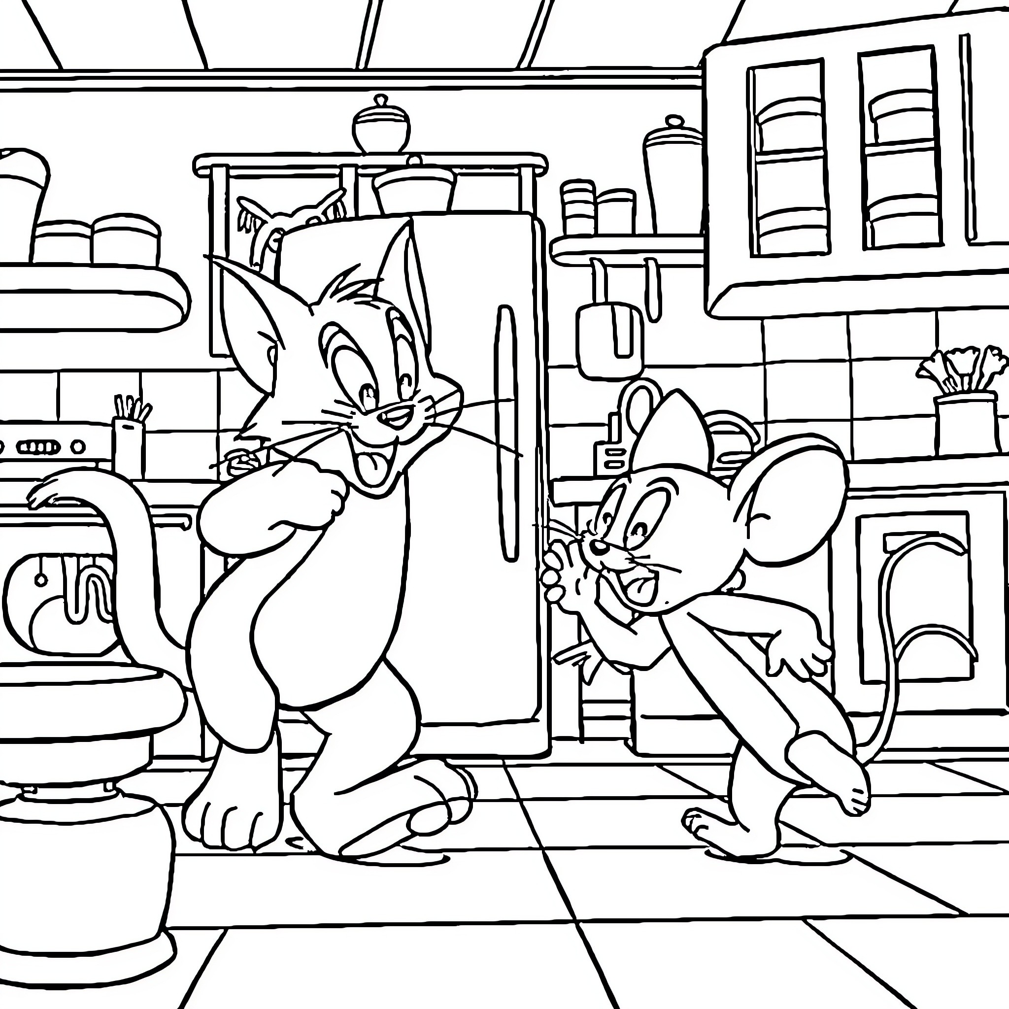 Tom and Jerry's Chaotic Kitchen Adventure Coloring Page (free black-and-white line drawing printable PDF for all, from beginners to advanced learners, including children, teens, adults, and seniors)