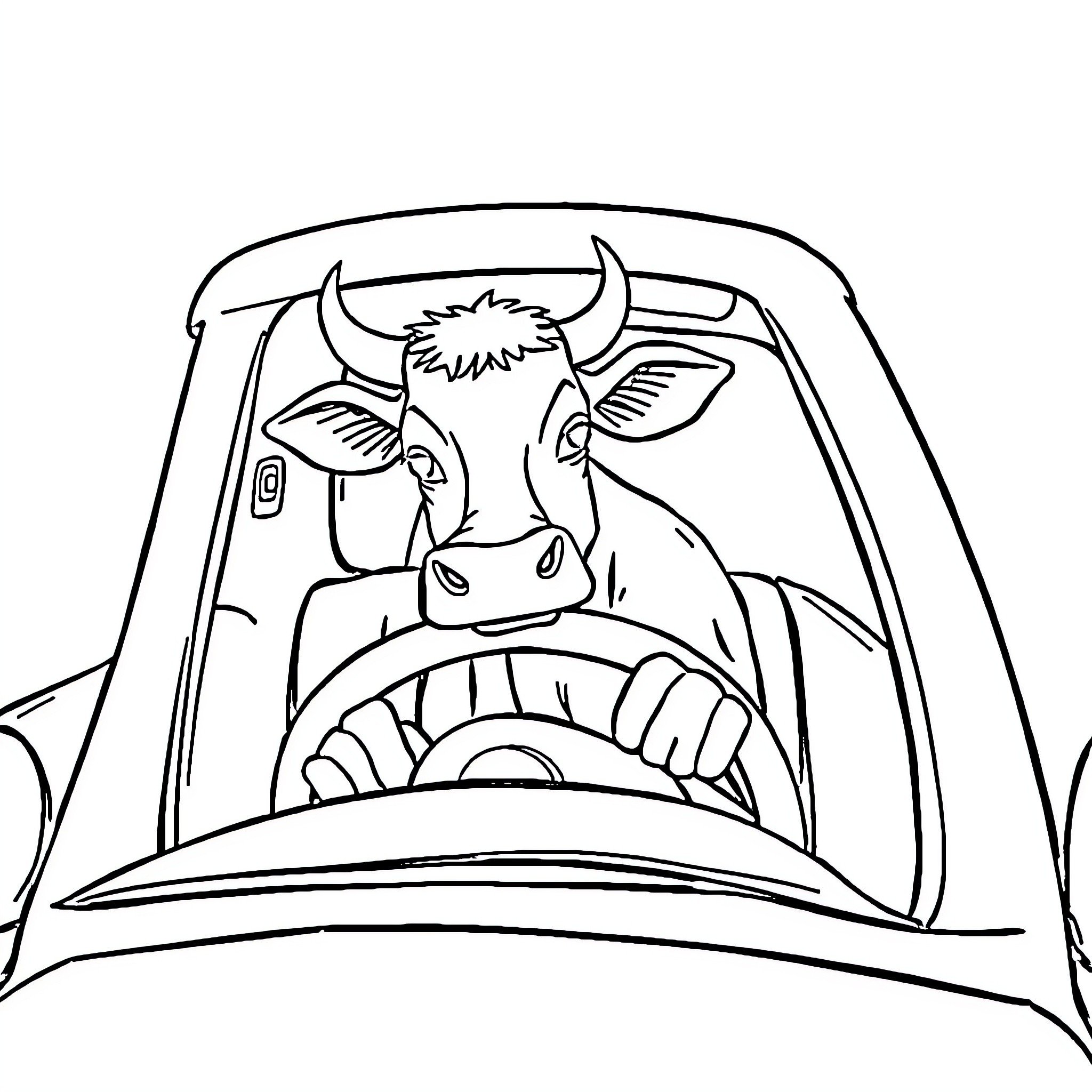 Cow driving a vehicle with determination Coloring Page (free black-and-white line drawing printable PDF for all, from beginners to advanced learners, including children, teens, adults, and seniors)