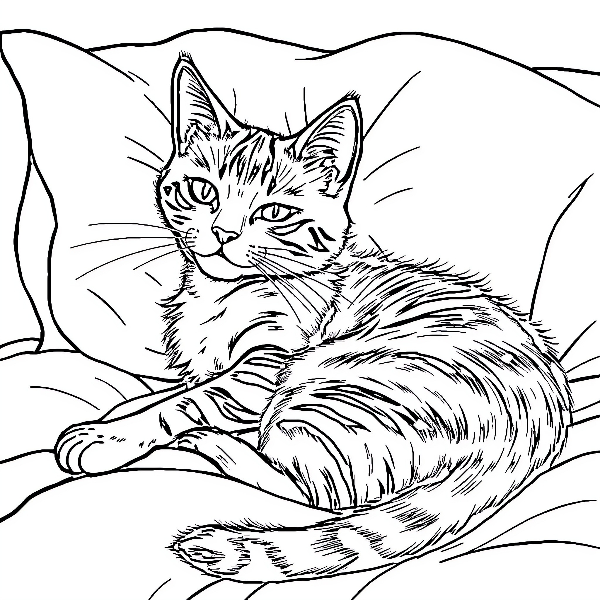 Gato napping comfortably in cozy surroundings Coloring Page (free black-and-white line drawing printable PDF for all, from beginners to advanced learners, including children, teens, adults, and seniors)