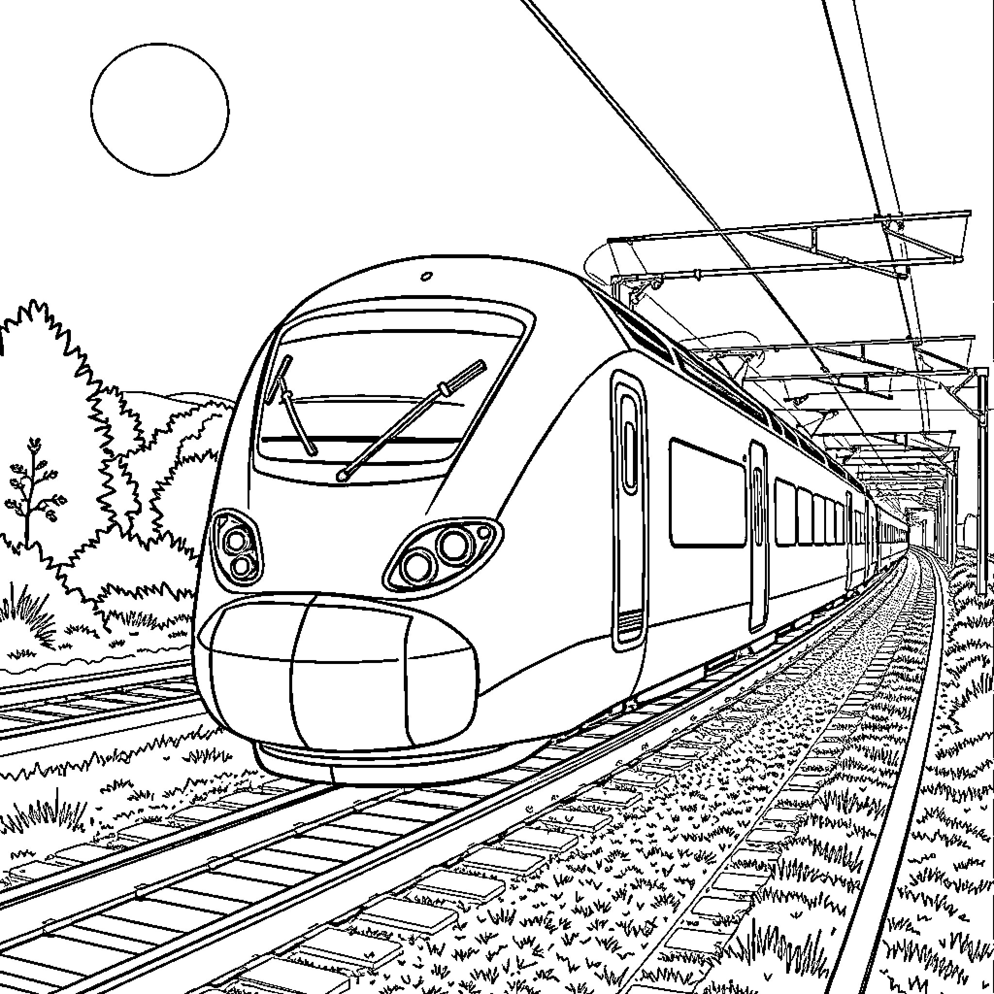 TGV train speeding through the countryside Coloring Page (free black-and-white line drawing printable PDF for all, from beginners to advanced learners, including children, teens, adults, and seniors)
