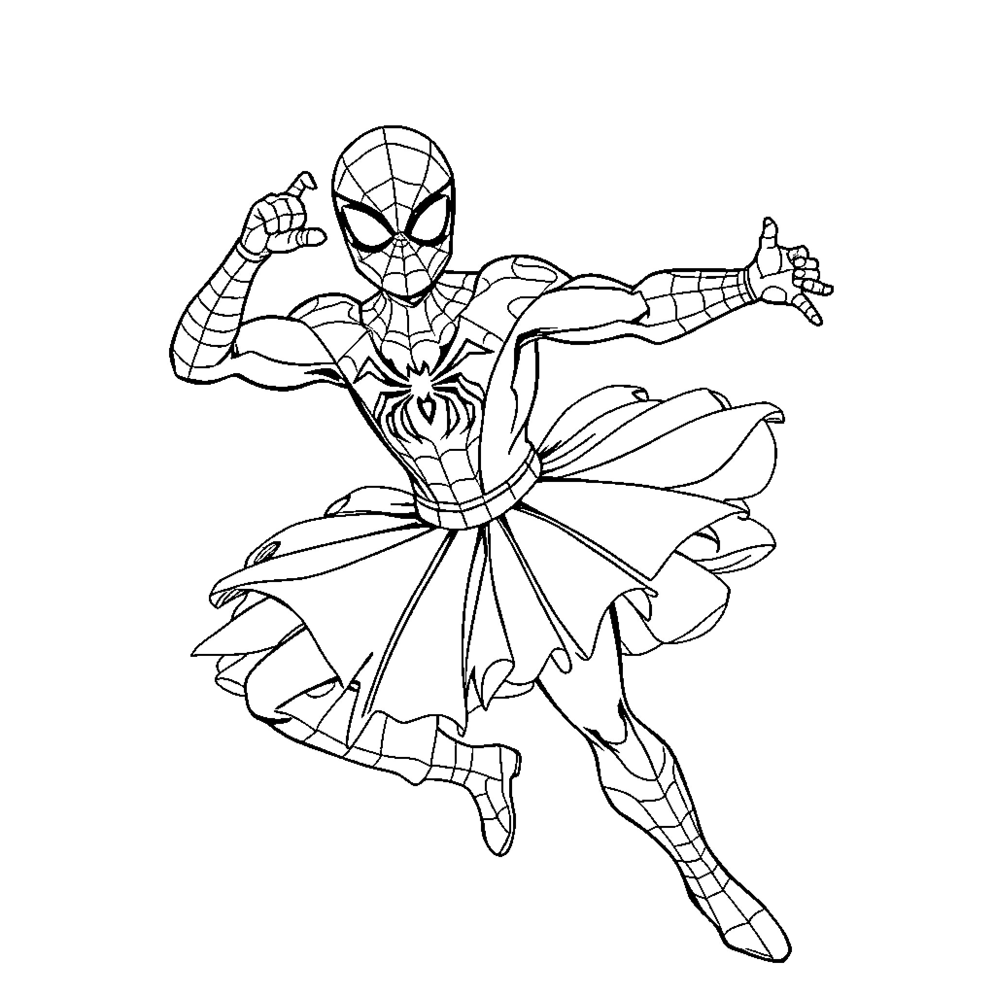 Spiderman leaping into action in stylized costume Coloring Page (free black-and-white line drawing printable PDF for all, from beginners to advanced learners, including children, teens, adults, and seniors)
