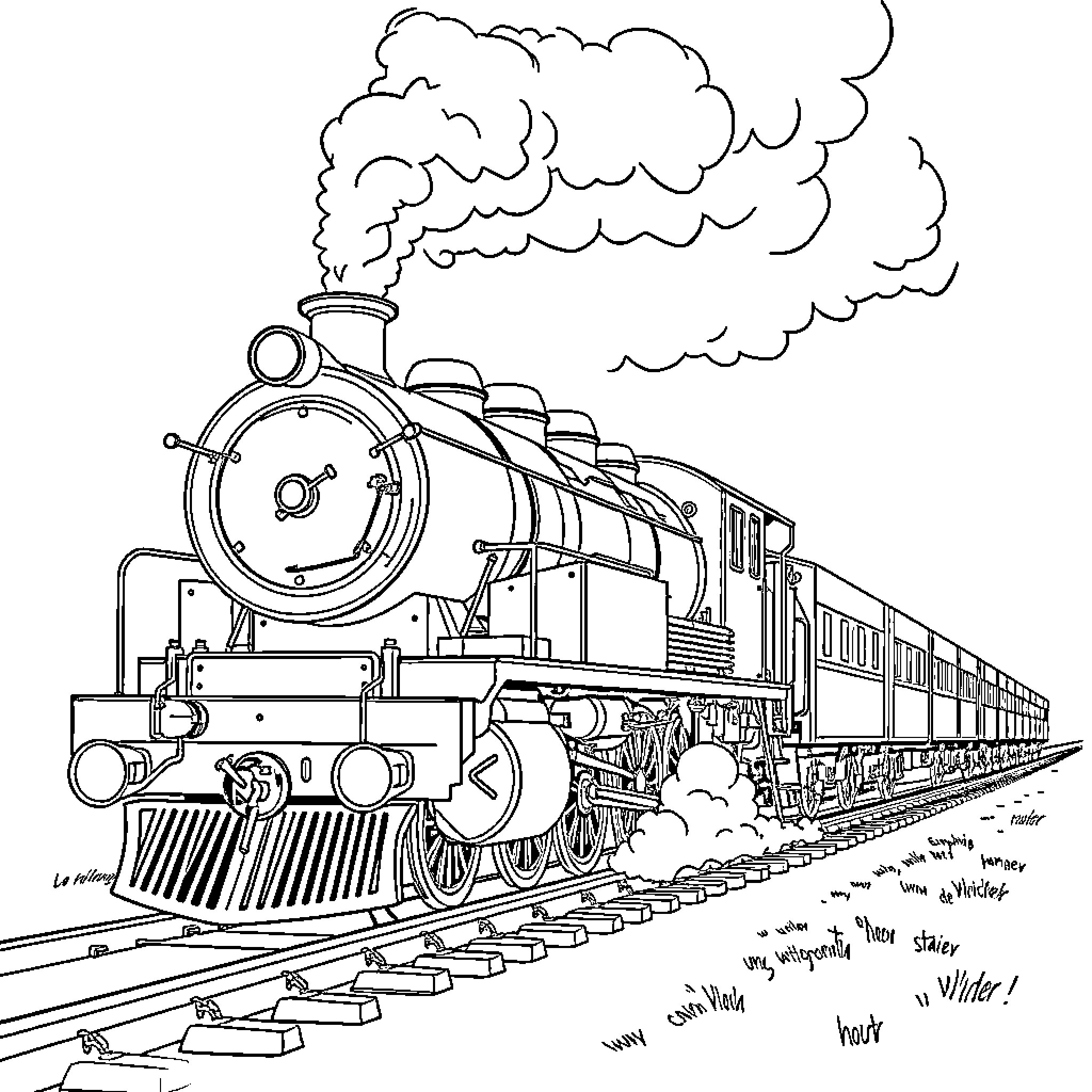 Train Transporting Passengers and Goods Down Tracks Coloring Page (free black-and-white line drawing printable PDF for all, from beginners to advanced learners, including children, teens, adults, and seniors)