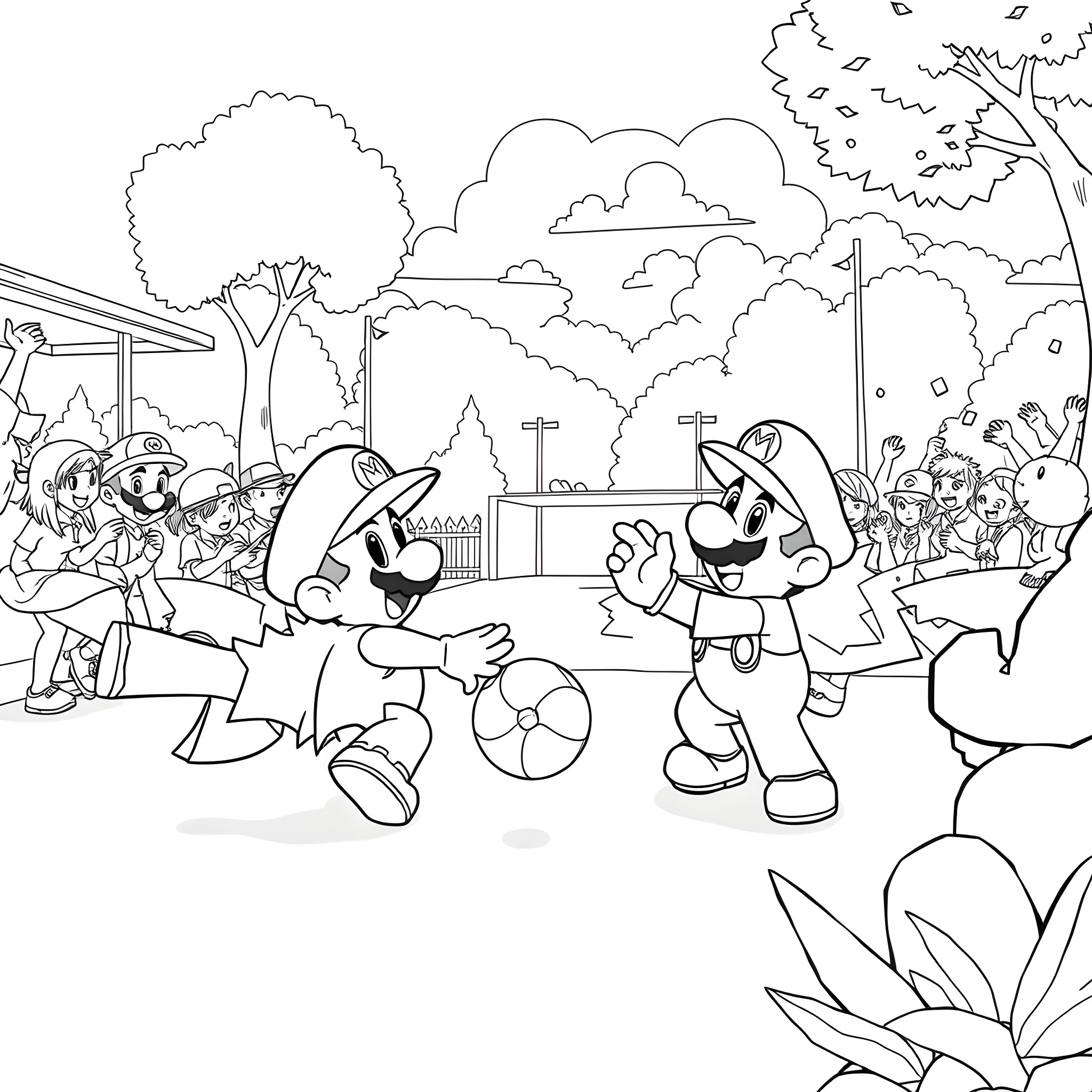 Pokémon characters playing and interacting in a scenic outdoor setting Coloring Page (free black-and-white line drawing printable PDF for all, from beginners to advanced learners, including children, teens, adults, and seniors)