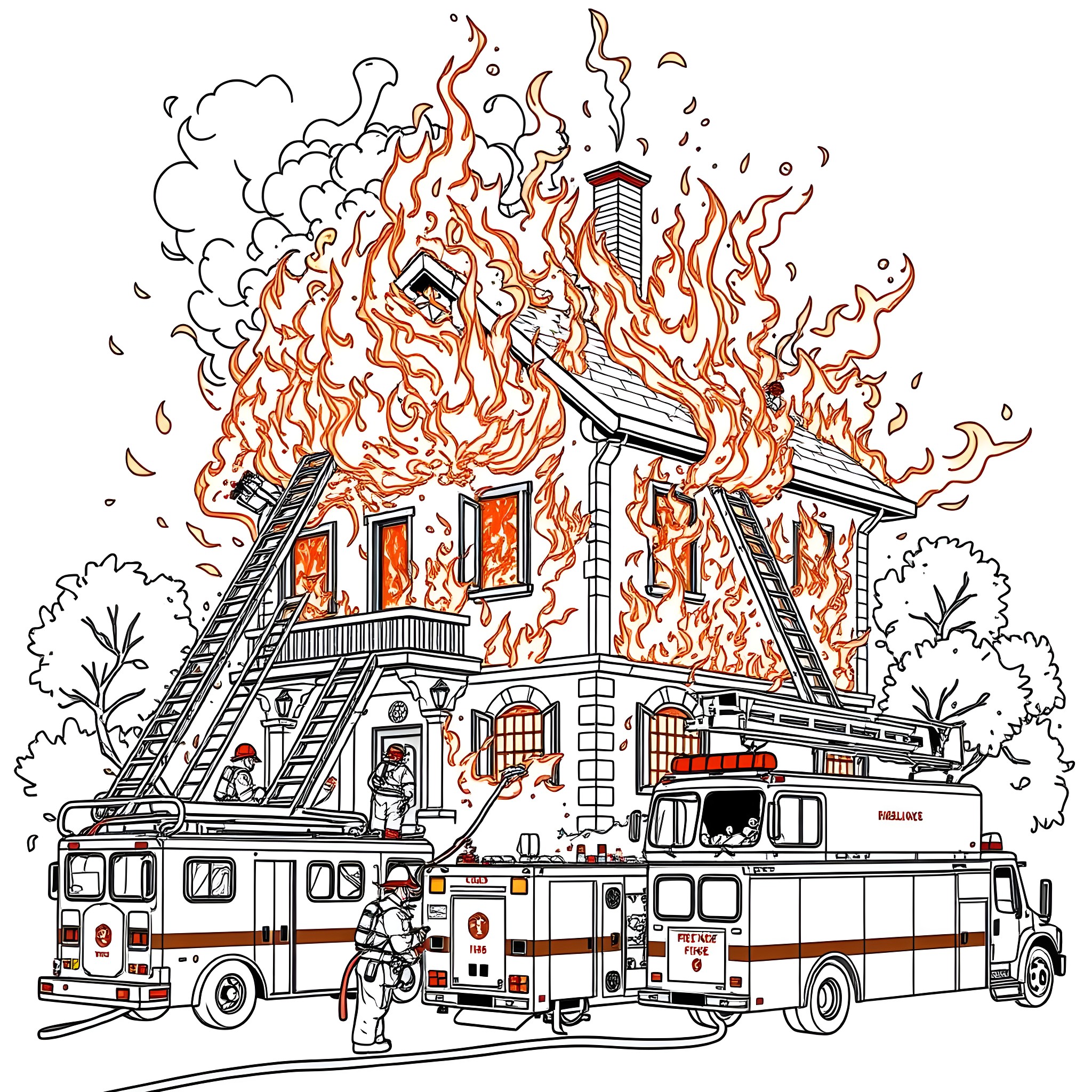 Firefighter battling blaze at burning building Coloring Page (free black-and-white line drawing printable PDF for all, from beginners to advanced learners, including children, teens, adults, and seniors)