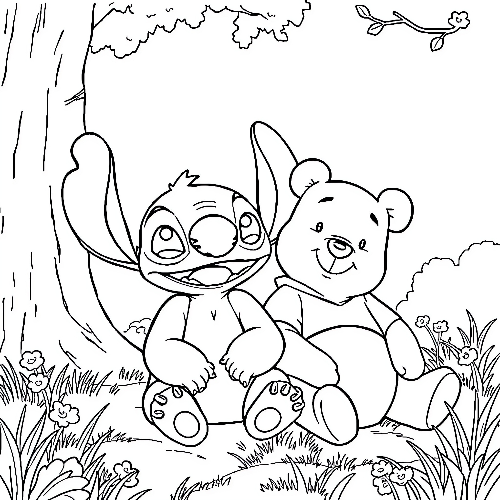 Stitch and Teddy Bear Cuddling in Nature Coloring Page (free black-and-white line drawing printable PDF for all, from beginners to advanced learners, including children, teens, adults, and seniors)