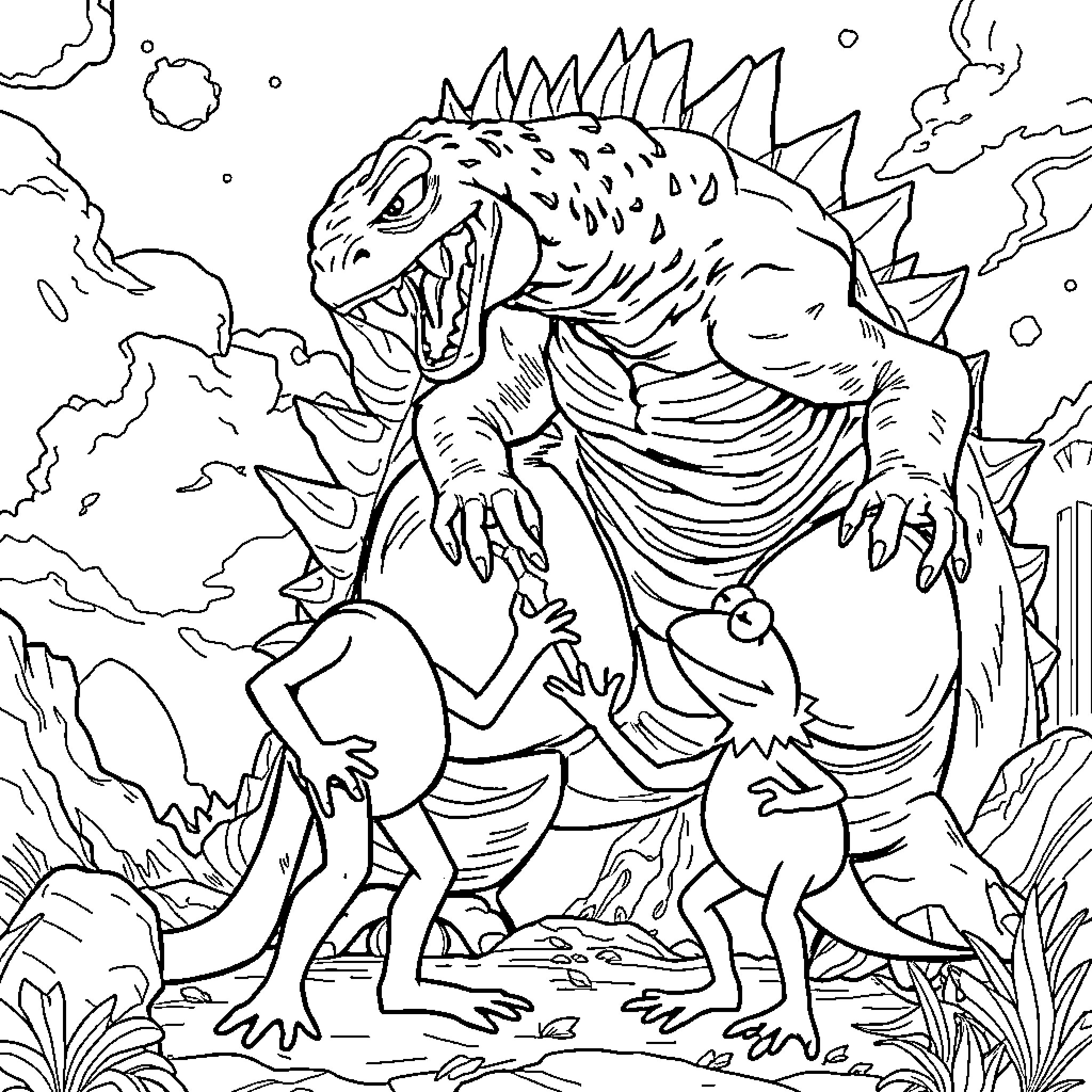 Godzilla rampaging through a destroyed cityscape Coloring Page (free black-and-white line drawing printable PDF for all, from beginners to advanced learners, including children, teens, adults, and seniors)