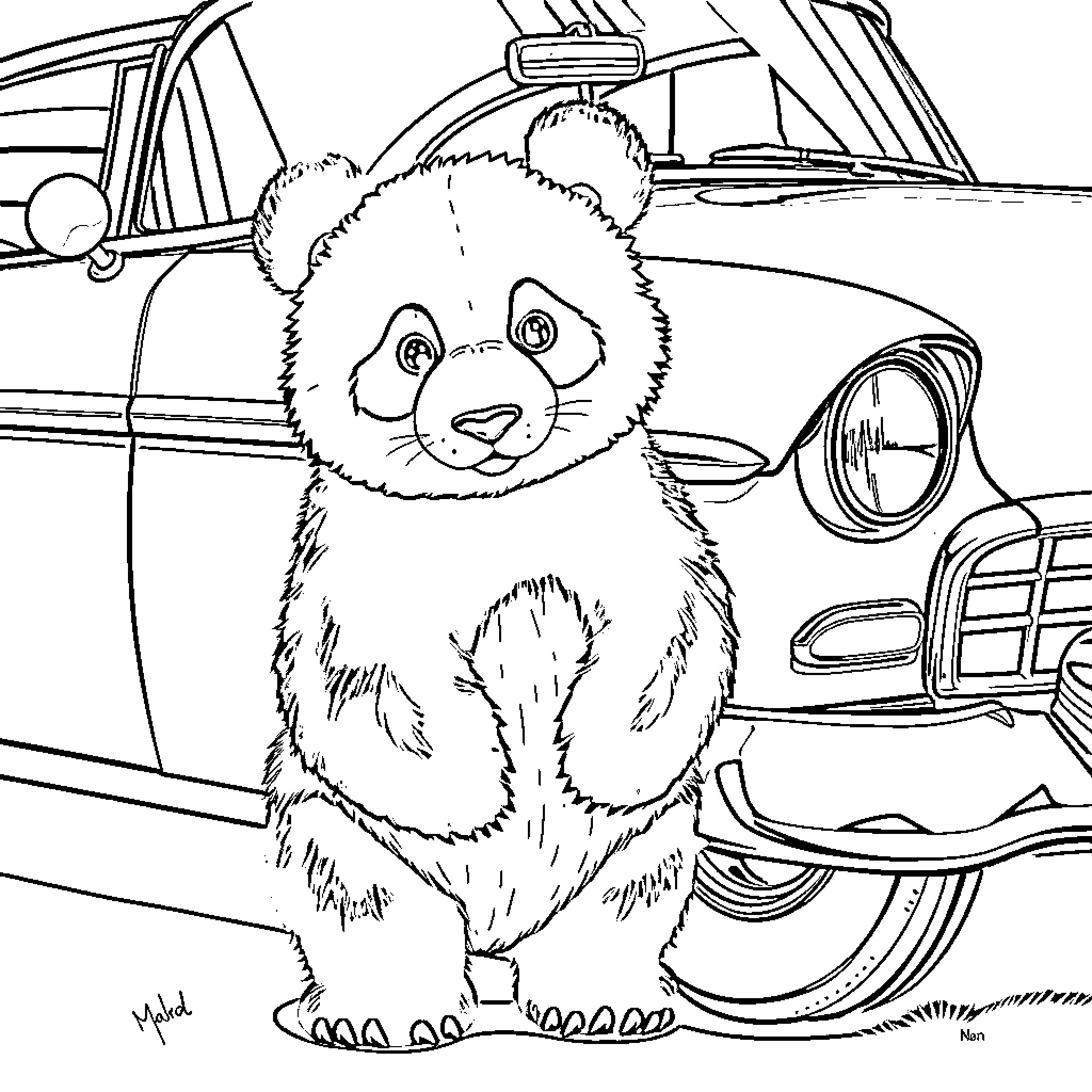 Panda sitting happily in front of a vintage car Coloring Page (free black-and-white line drawing printable PDF for all, from beginners to advanced learners, including children, teens, adults, and seniors)