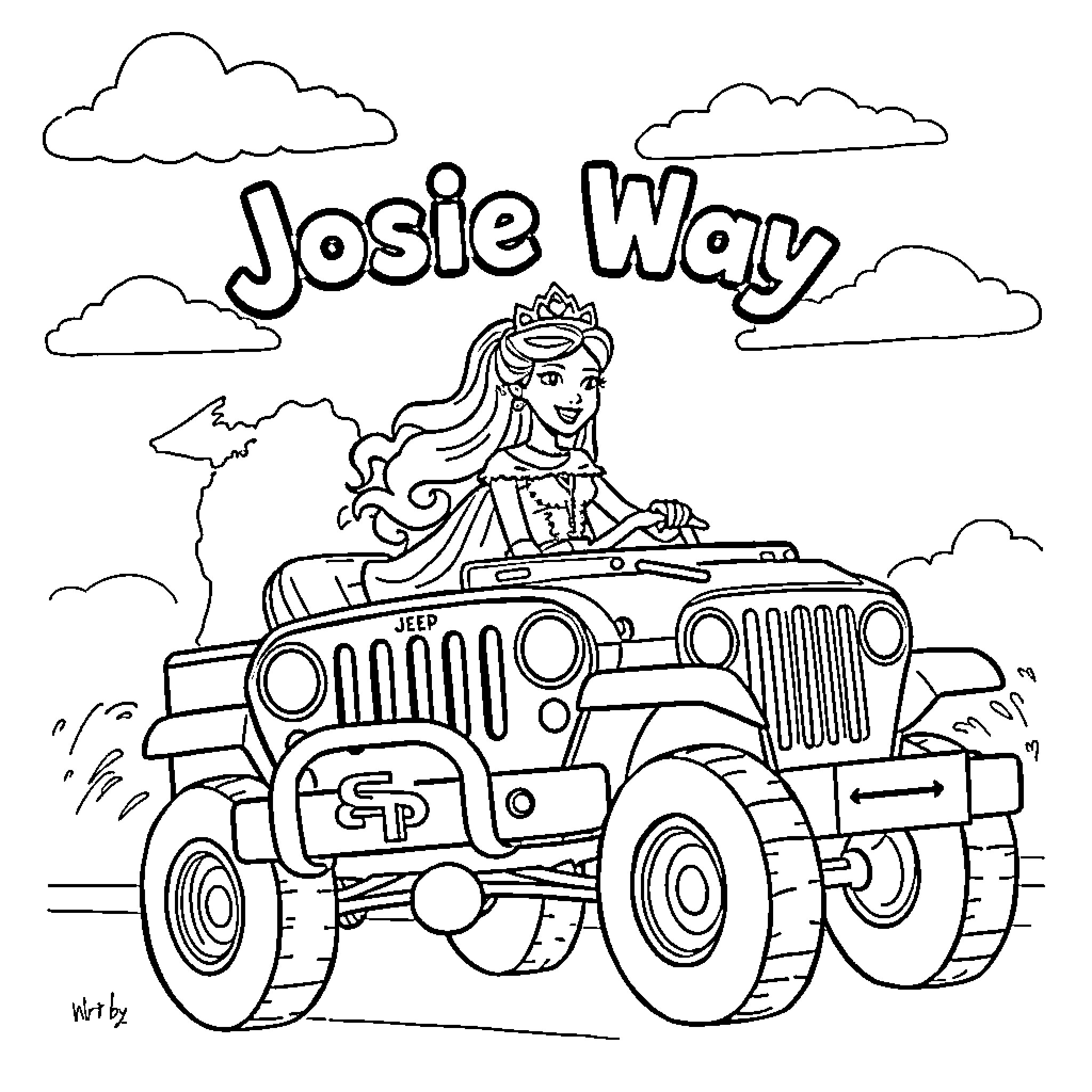 Princess driving a rugged jeep through the clouds Coloring Page (free black-and-white line drawing printable PDF for all, from beginners to advanced learners, including children, teens, adults, and seniors)
