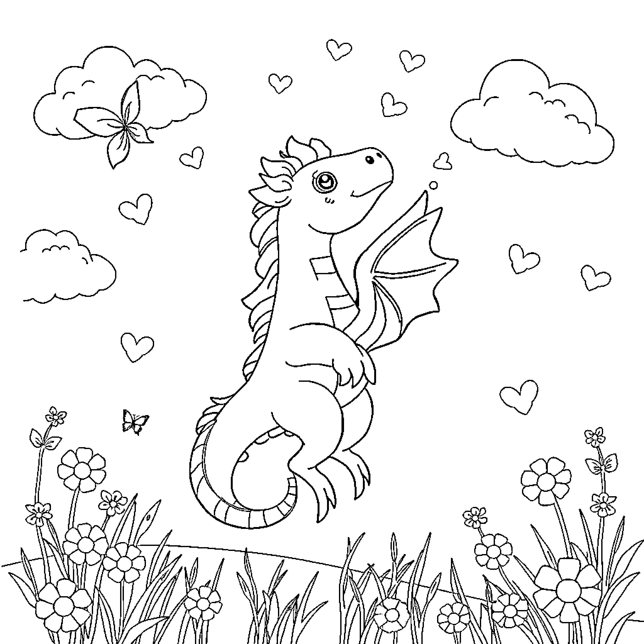 Drachen the Mythical Creature Frolics in Flower Field Coloring Page (free black-and-white line drawing printable PDF for all, from beginners to advanced learners, including children, teens, adults, and seniors)