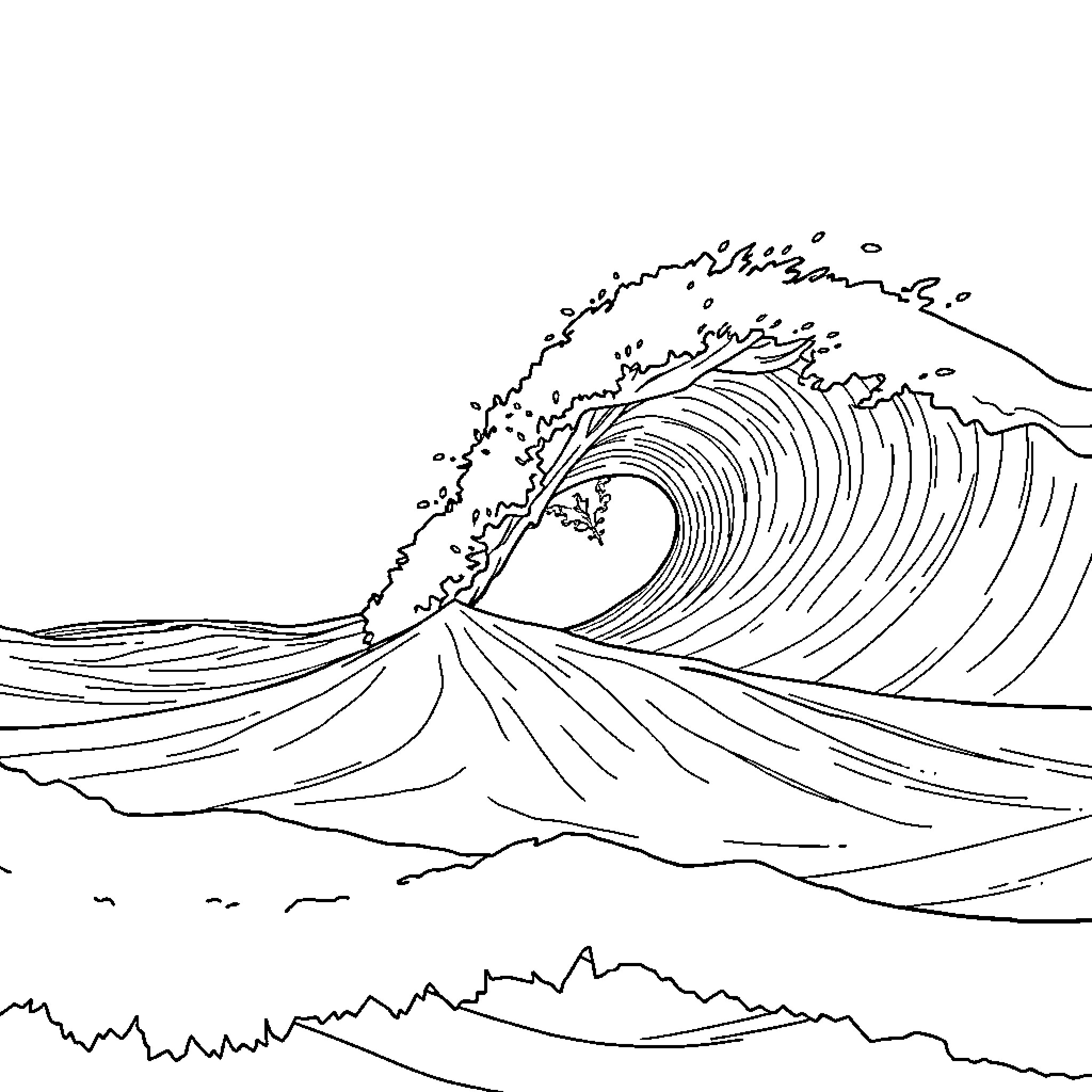 Vague Depiction of Powerful Ocean Wave Coloring Page (free black-and-white line drawing printable PDF for all, from beginners to advanced learners, including children, teens, adults, and seniors)