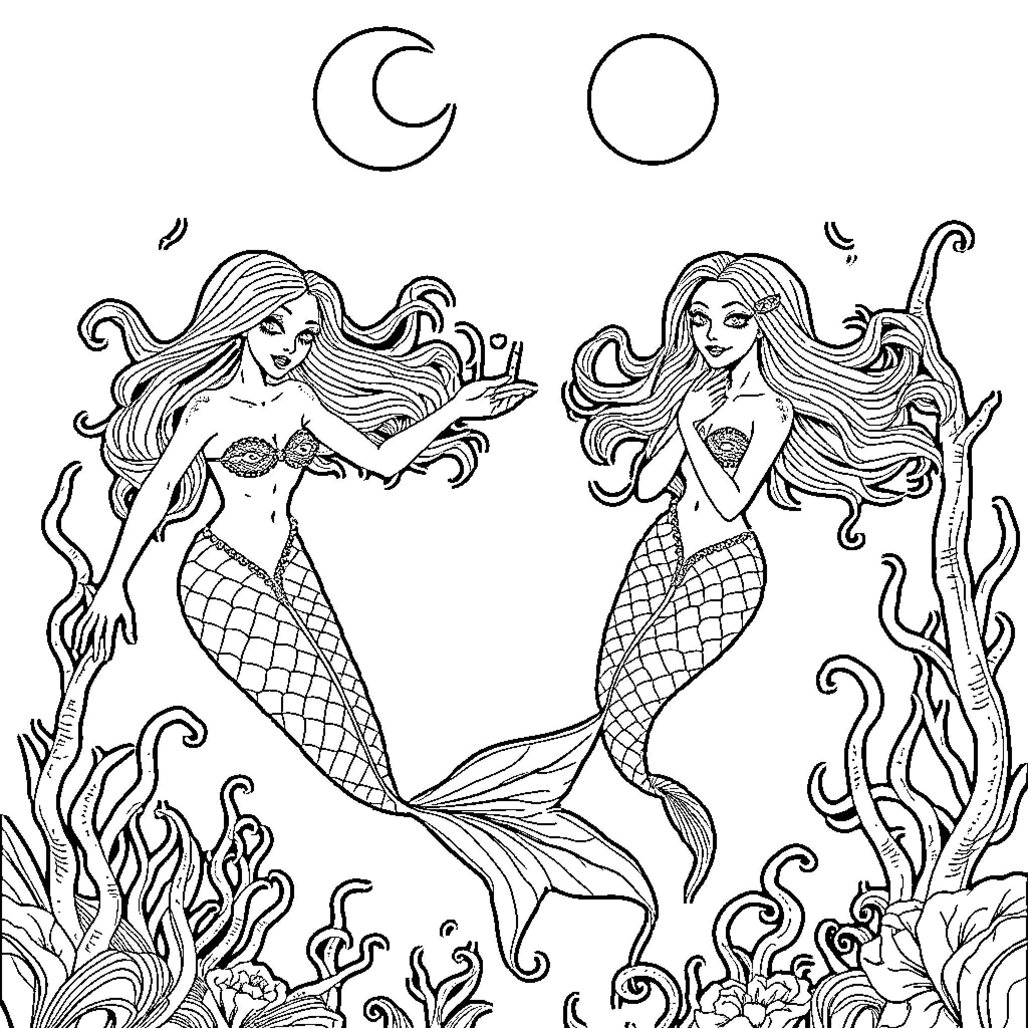 Mermaid siblings enjoying the sea Coloring Page (free black-and-white line drawing printable PDF for all, from beginners to advanced learners, including children, teens, adults, and seniors)