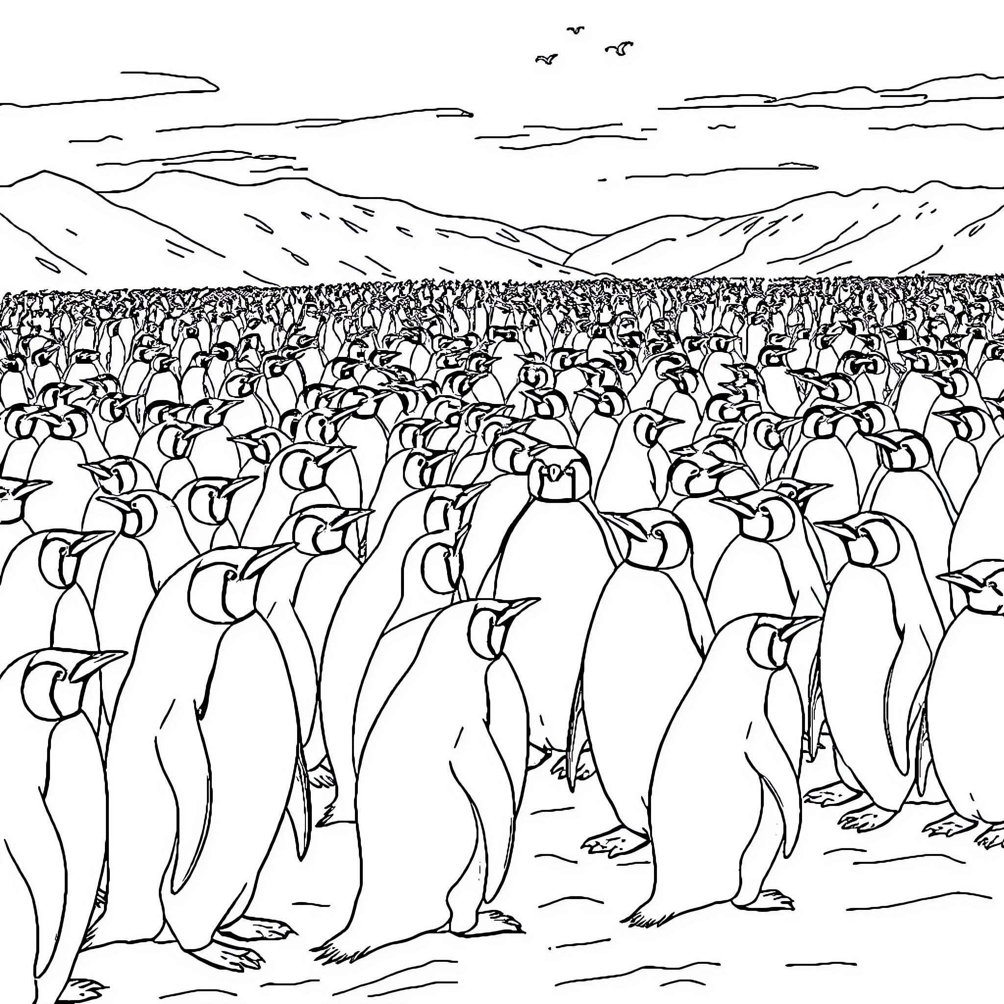 Penguin colony gathering in the snowy landscape Coloring Page (free black-and-white line drawing printable PDF for all, from beginners to advanced learners, including children, teens, adults, and seniors)