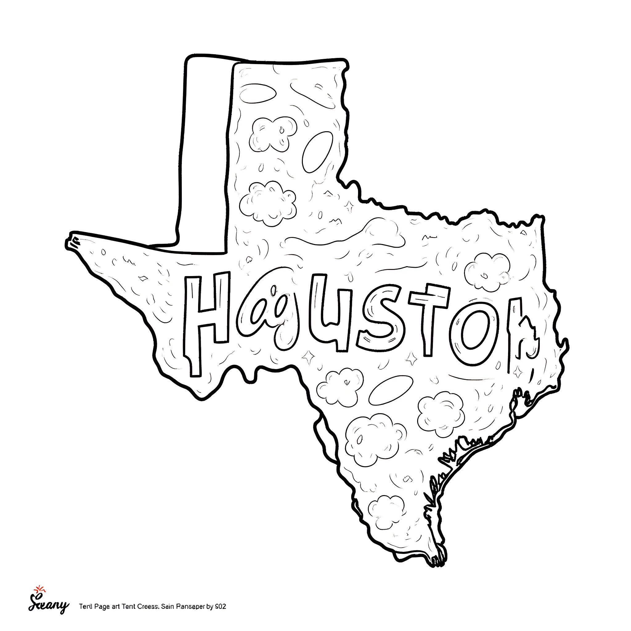 Book with Texas map and 'Houston' text Coloring Page (free black-and-white line drawing printable PDF for all, from beginners to advanced learners, including children, teens, adults, and seniors)