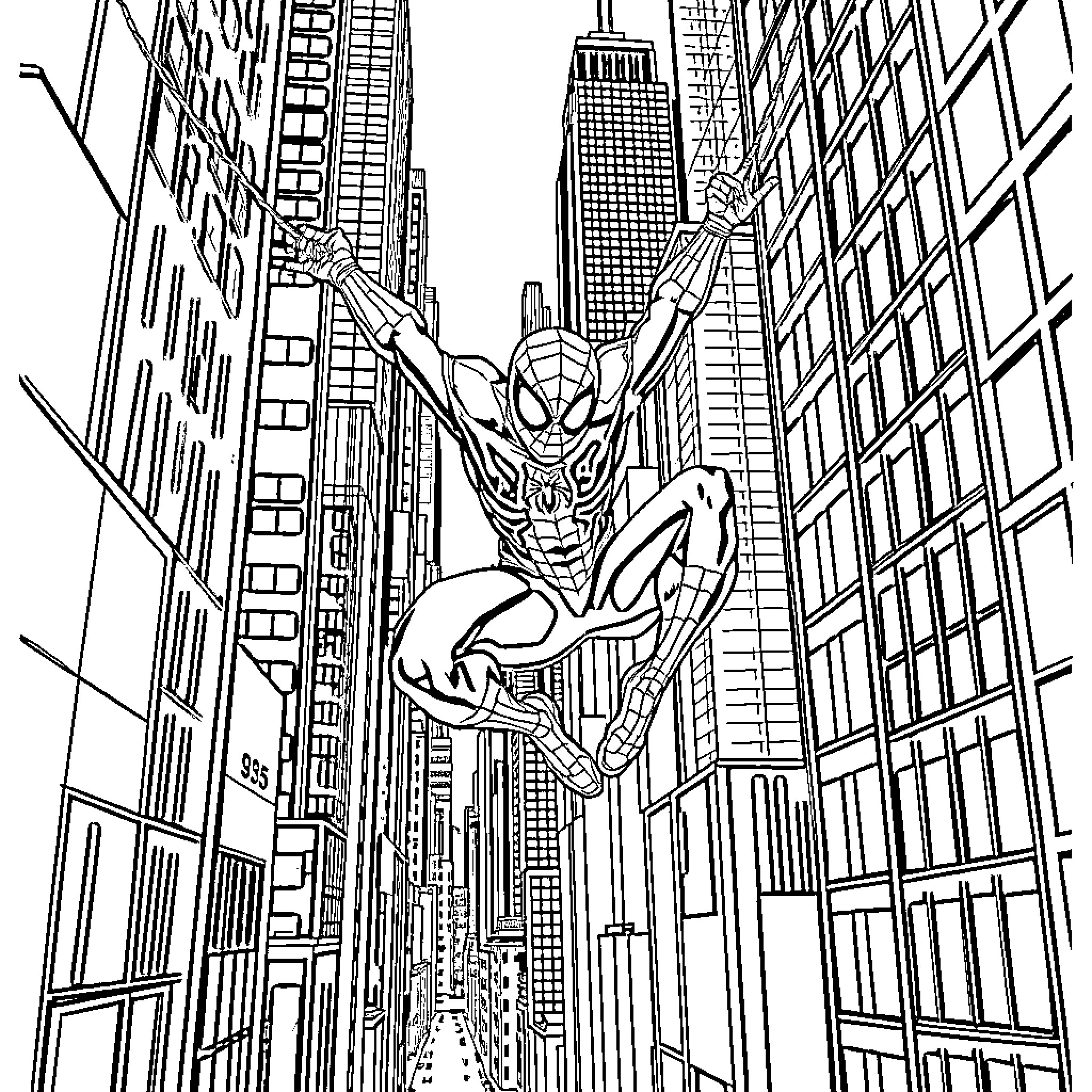 Spiderman swinging through the city skyscrapers Coloring Page (free black-and-white line drawing printable PDF for all, from beginners to advanced learners, including children, teens, adults, and seniors)