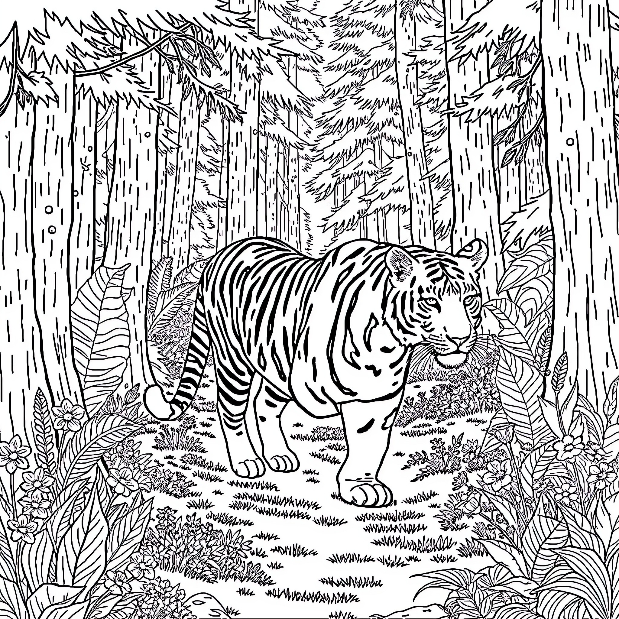 Liger in the Lush Jungle Wilderness Coloring Page (free black-and-white line drawing printable PDF for all, from beginners to advanced learners, including children, teens, adults, and seniors)