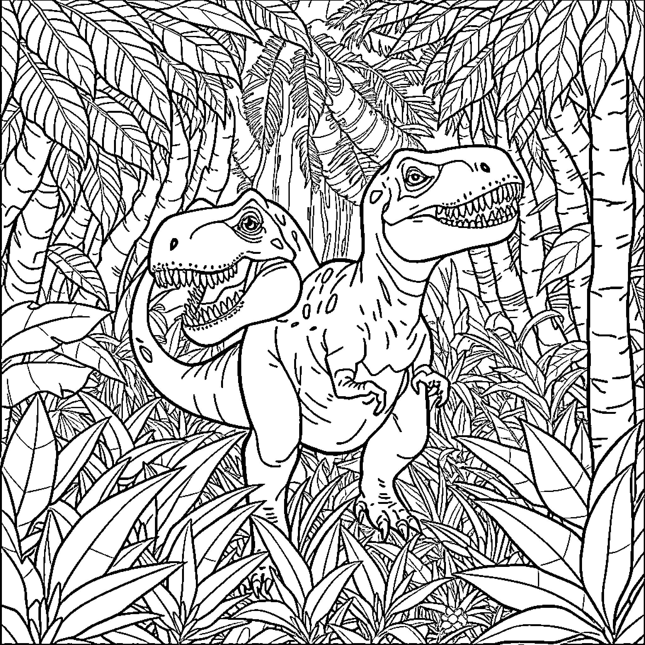 T-Rex Dinosaurs Roaring Fiercely in Jungle Coloring Page (free black-and-white line drawing printable PDF for all, from beginners to advanced learners, including children, teens, adults, and seniors)