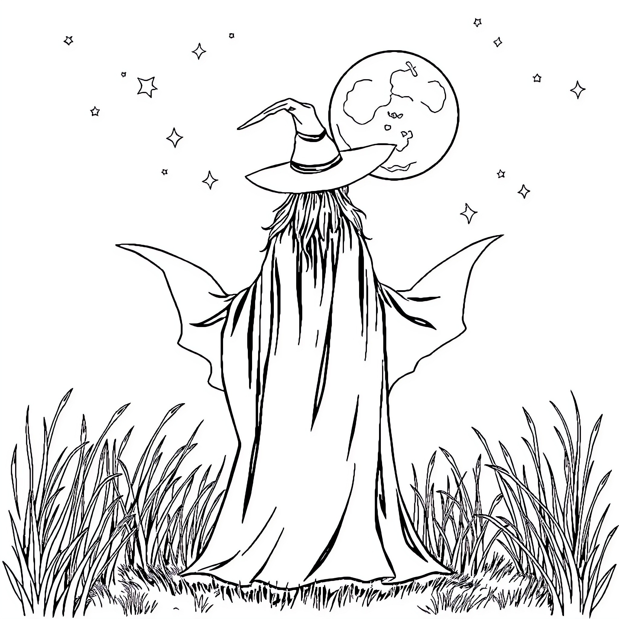 Witch with flowing robes under the moonlight Coloring Page (free black-and-white line drawing printable PDF for all, from beginners to advanced learners, including children, teens, adults, and seniors)