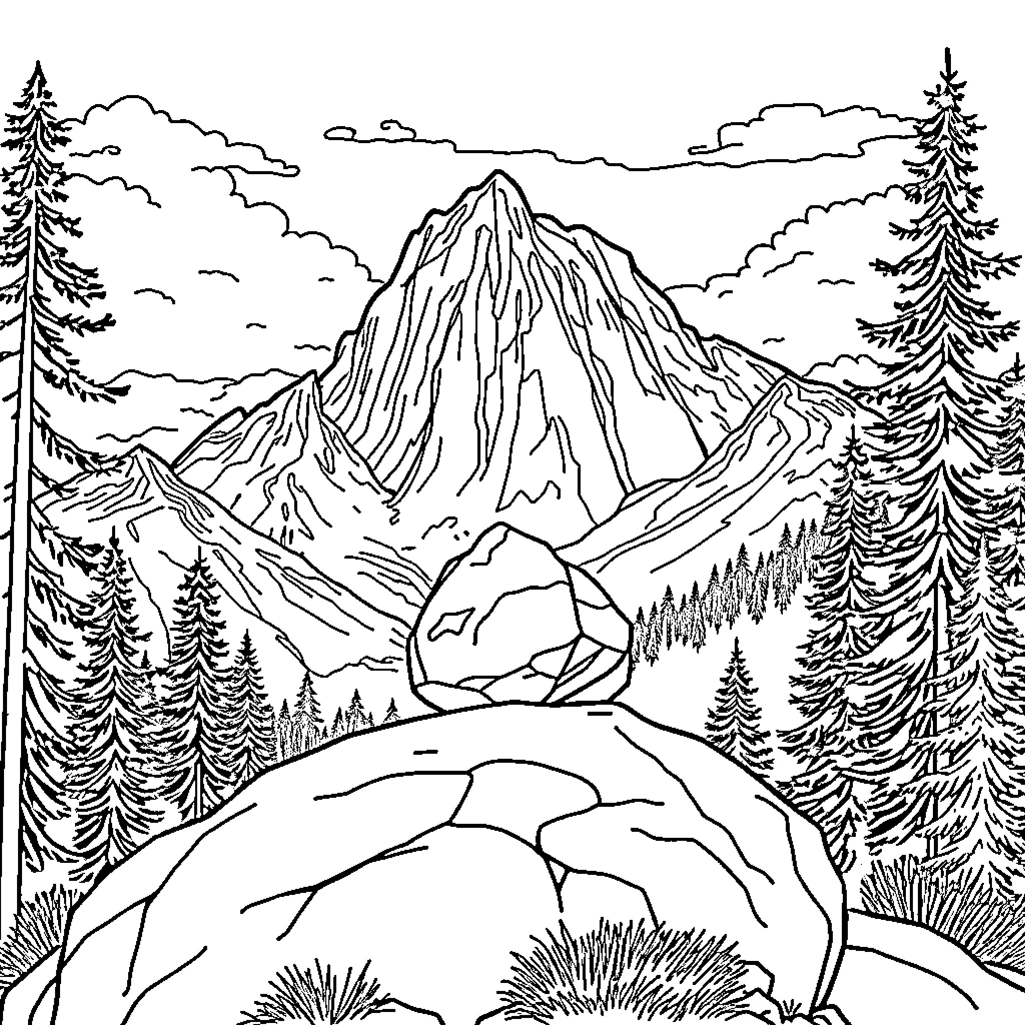 Rock Formations in Majestic Mountain Landscape Coloring Page (free black-and-white line drawing printable PDF for all, from beginners to advanced learners, including children, teens, adults, and seniors)