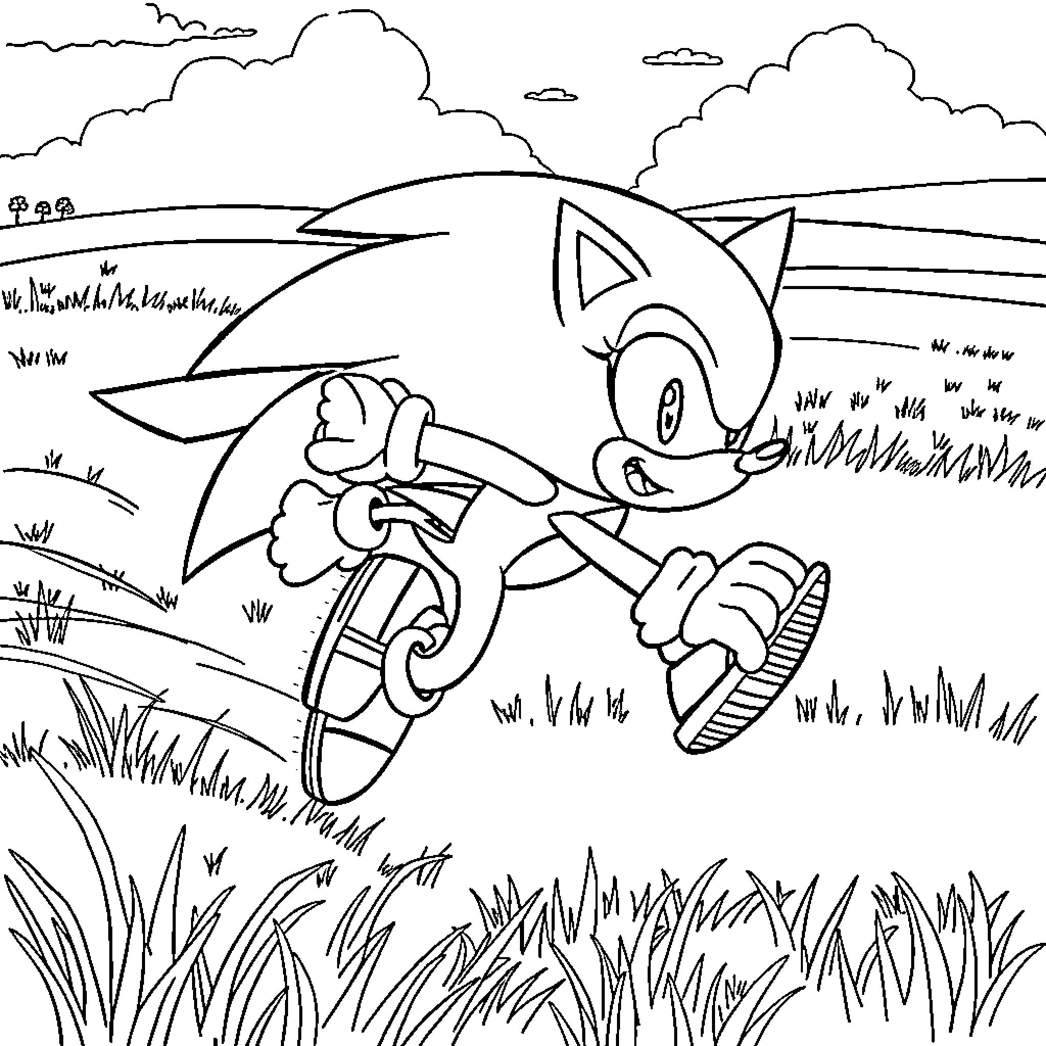 Sonic running through a grassy field Coloring Page (free black-and-white line drawing printable PDF for all, from beginners to advanced learners, including children, teens, adults, and seniors)