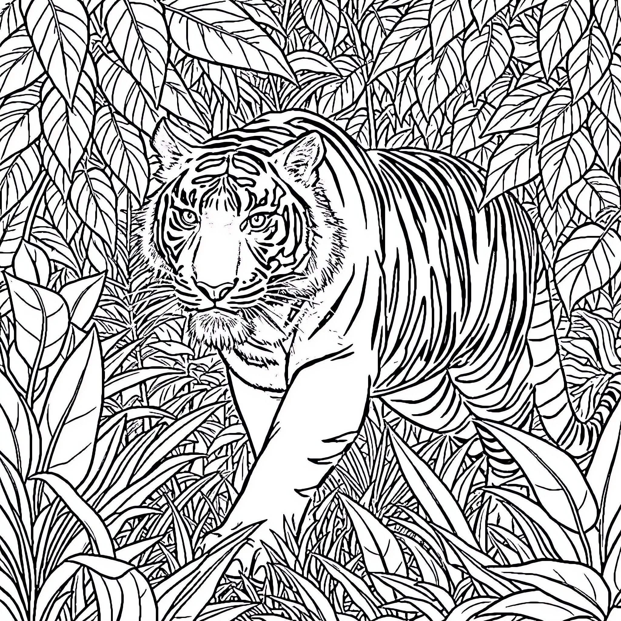Tiger stalking through the foliage Coloring Page (free black-and-white line drawing printable PDF for all, from beginners to advanced learners, including children, teens, adults, and seniors)
