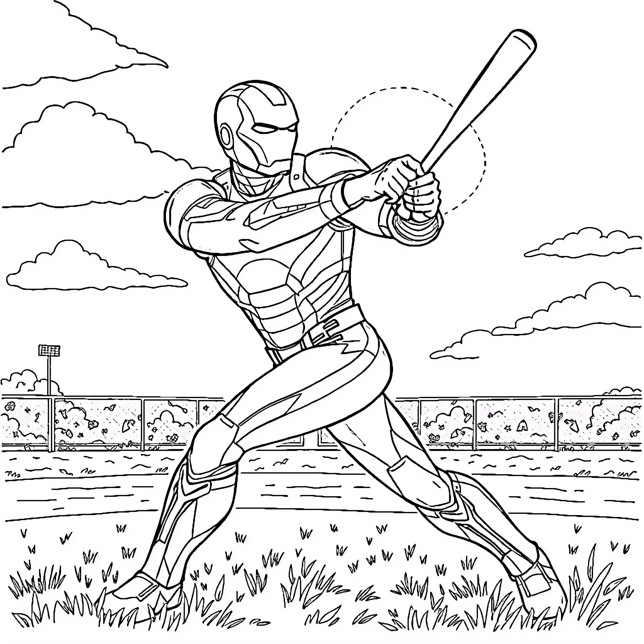 Ironman playing baseball in the field Coloring Page (free black-and-white line drawing printable PDF for all, from beginners to advanced learners, including children, teens, adults, and seniors)