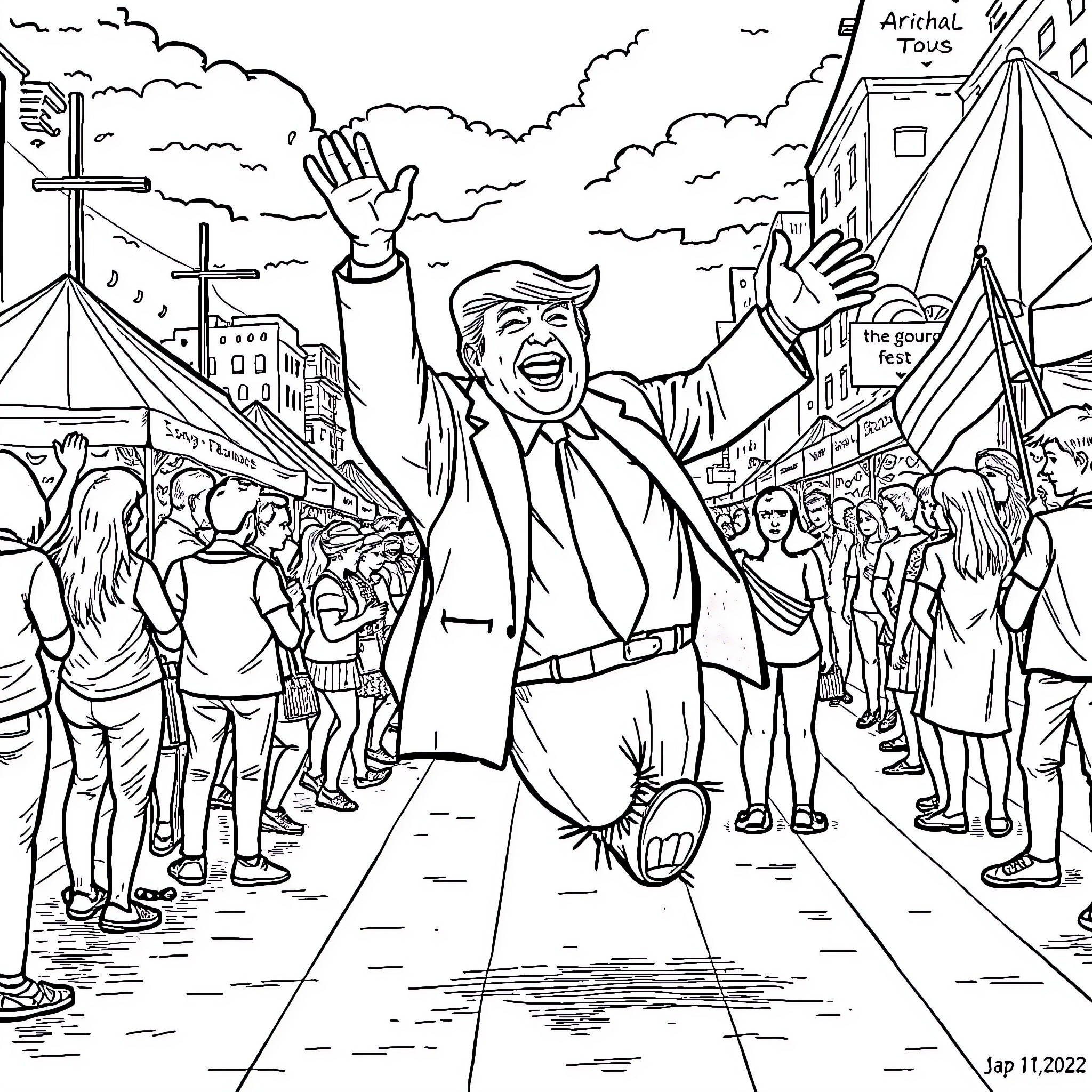 Donald Trump Celebrating Victory at a Campaign Rally Coloring Page (free black-and-white line drawing printable PDF for all, from beginners to advanced learners, including children, teens, adults, and seniors)