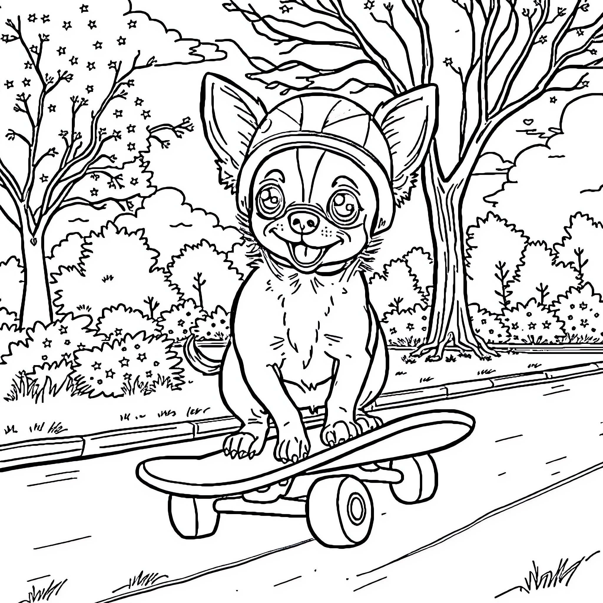 Chihuahua riding a skateboard in the park Coloring Page (free black-and-white line drawing printable PDF for all, from beginners to advanced learners, including children, teens, adults, and seniors)