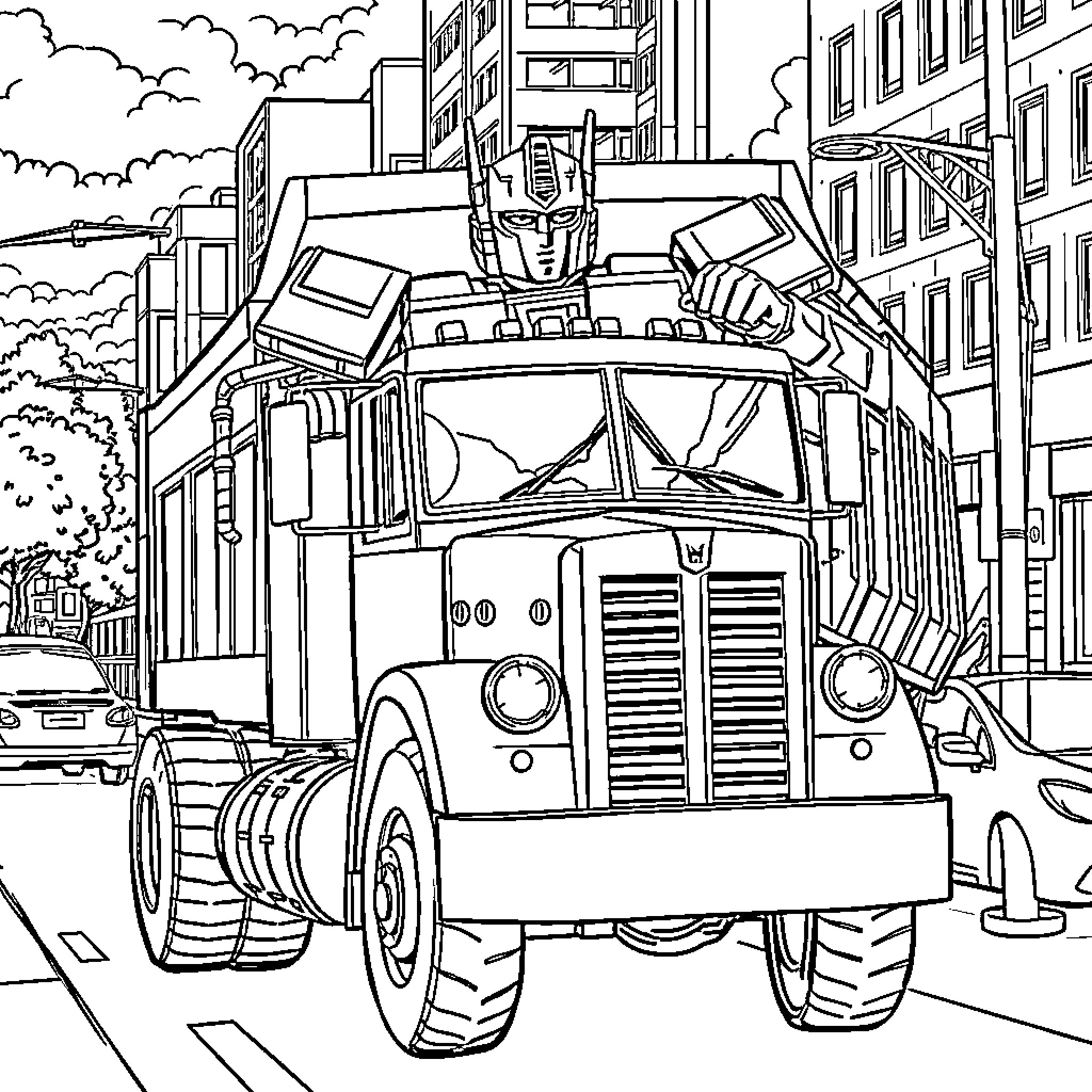 Optimus Prime transforms to protect the city Coloring Page (free black-and-white line drawing printable PDF for all, from beginners to advanced learners, including children, teens, adults, and seniors)