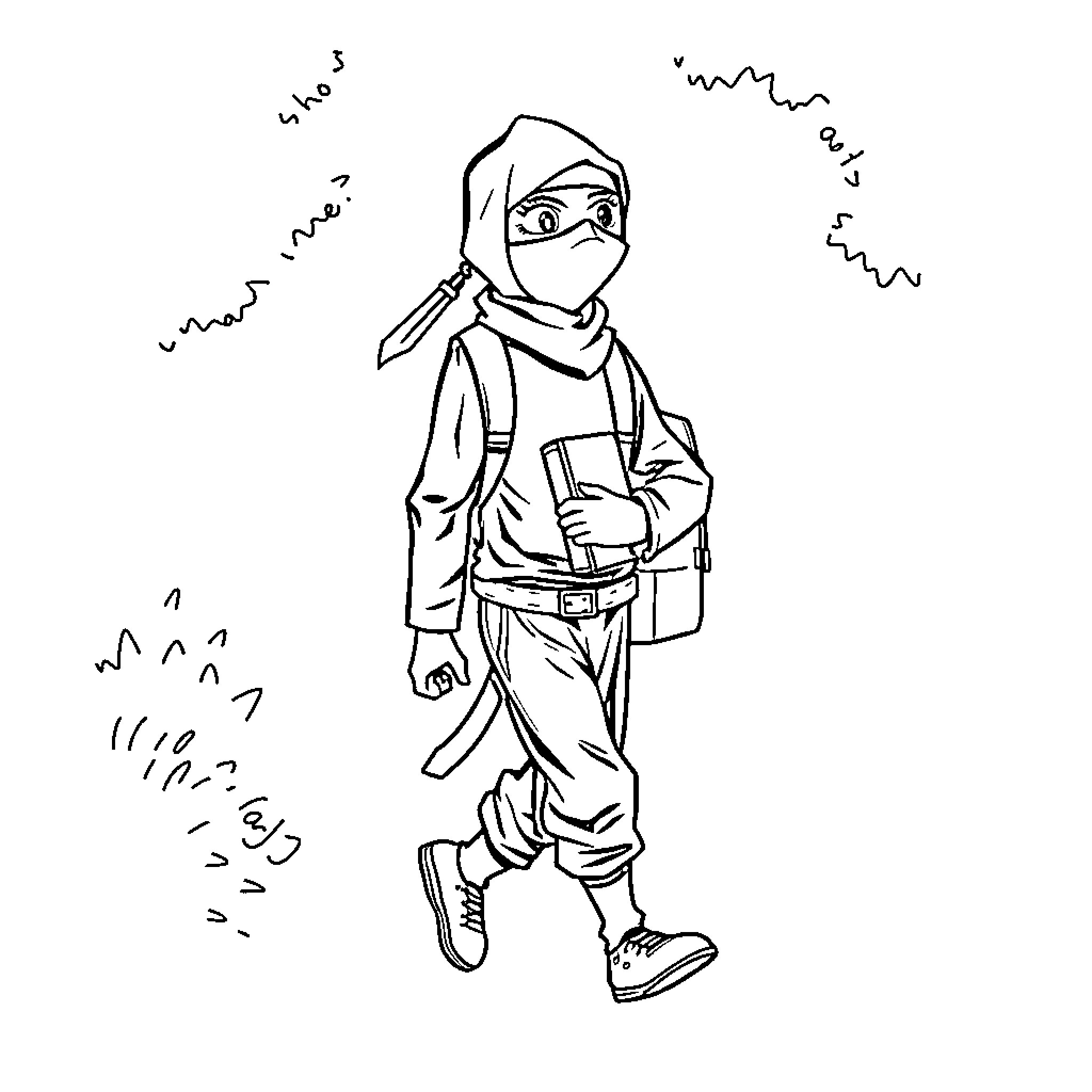 Ninja traversing through a mysterious landscape Coloring Page (free black-and-white line drawing printable PDF for all, from beginners to advanced learners, including children, teens, adults, and seniors)