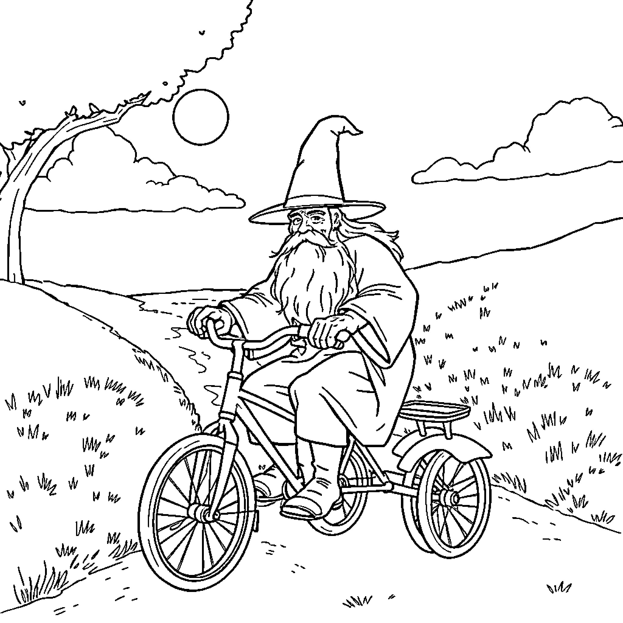 Gandalf riding a bicycle through a magical landscape Coloring Page (free black-and-white line drawing printable PDF for all, from beginners to advanced learners, including children, teens, adults, and seniors)