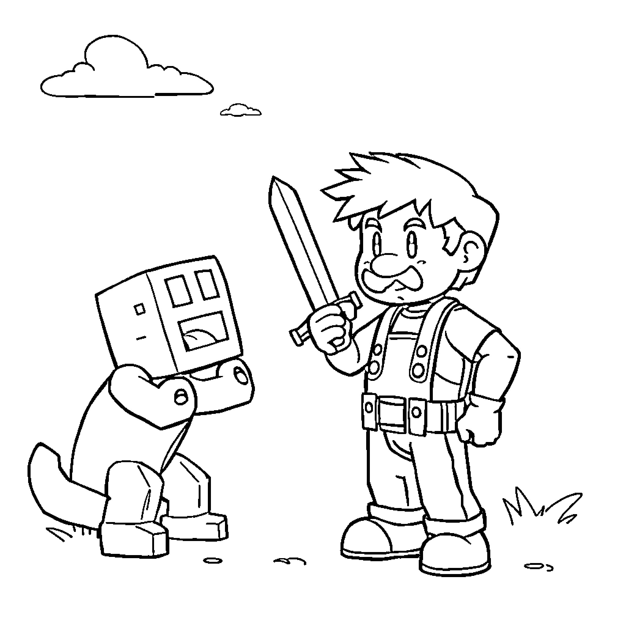 Steve's Adventure with a Friendly Robot Coloring Page (free black-and-white line drawing printable PDF for all, from beginners to advanced learners, including children, teens, adults, and seniors)