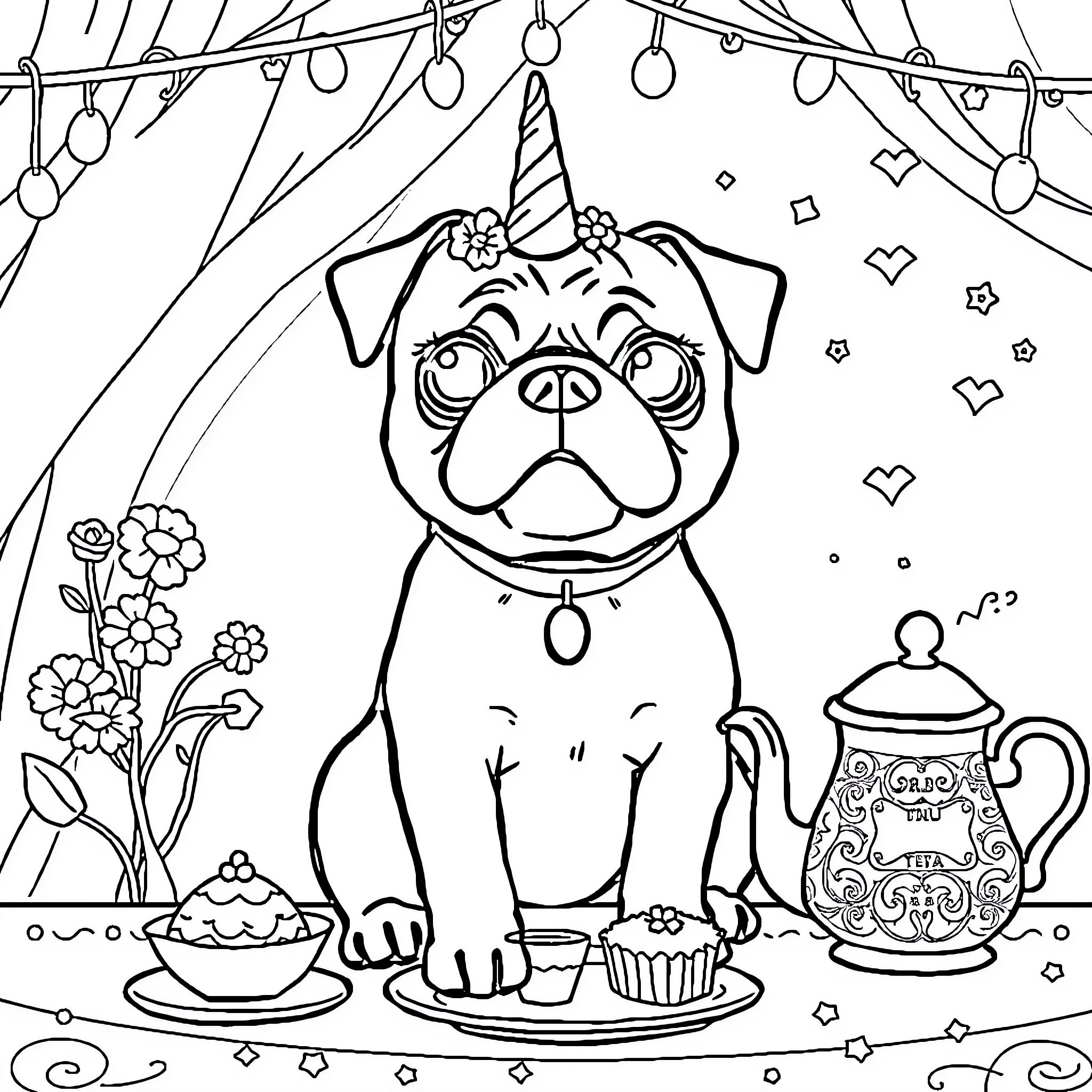 Pug enjoying a party with cupcakes and teapot Coloring Page (free black-and-white line drawing printable PDF for all, from beginners to advanced learners, including children, teens, adults, and seniors)