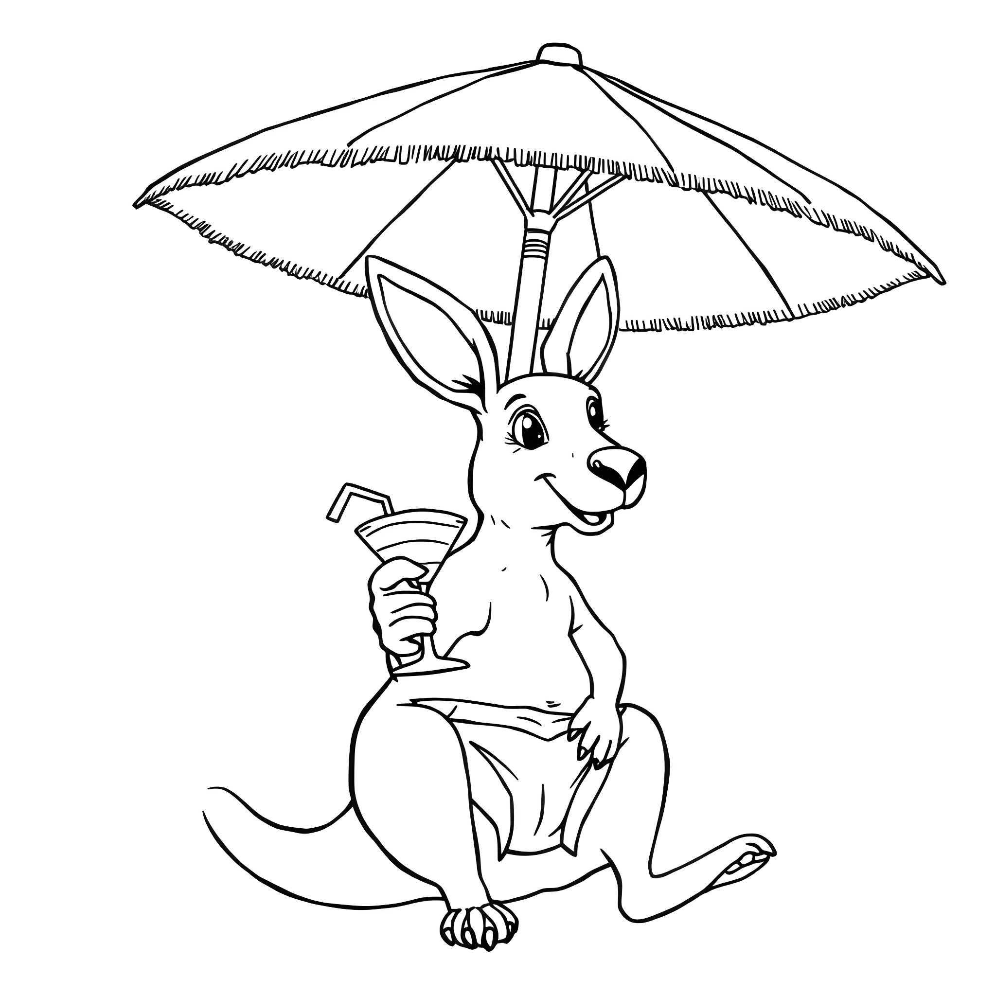 Kangaroo relaxing under umbrella with drink Coloring Page (free black-and-white line drawing printable PDF for all, from beginners to advanced learners, including children, teens, adults, and seniors)