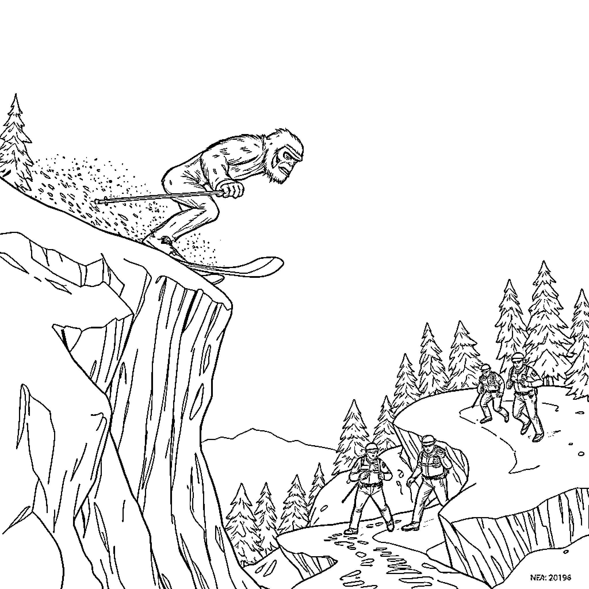 Bigfoot skiing down a snowy mountain Coloring Page (free black-and-white line drawing printable PDF for all, from beginners to advanced learners, including children, teens, adults, and seniors)