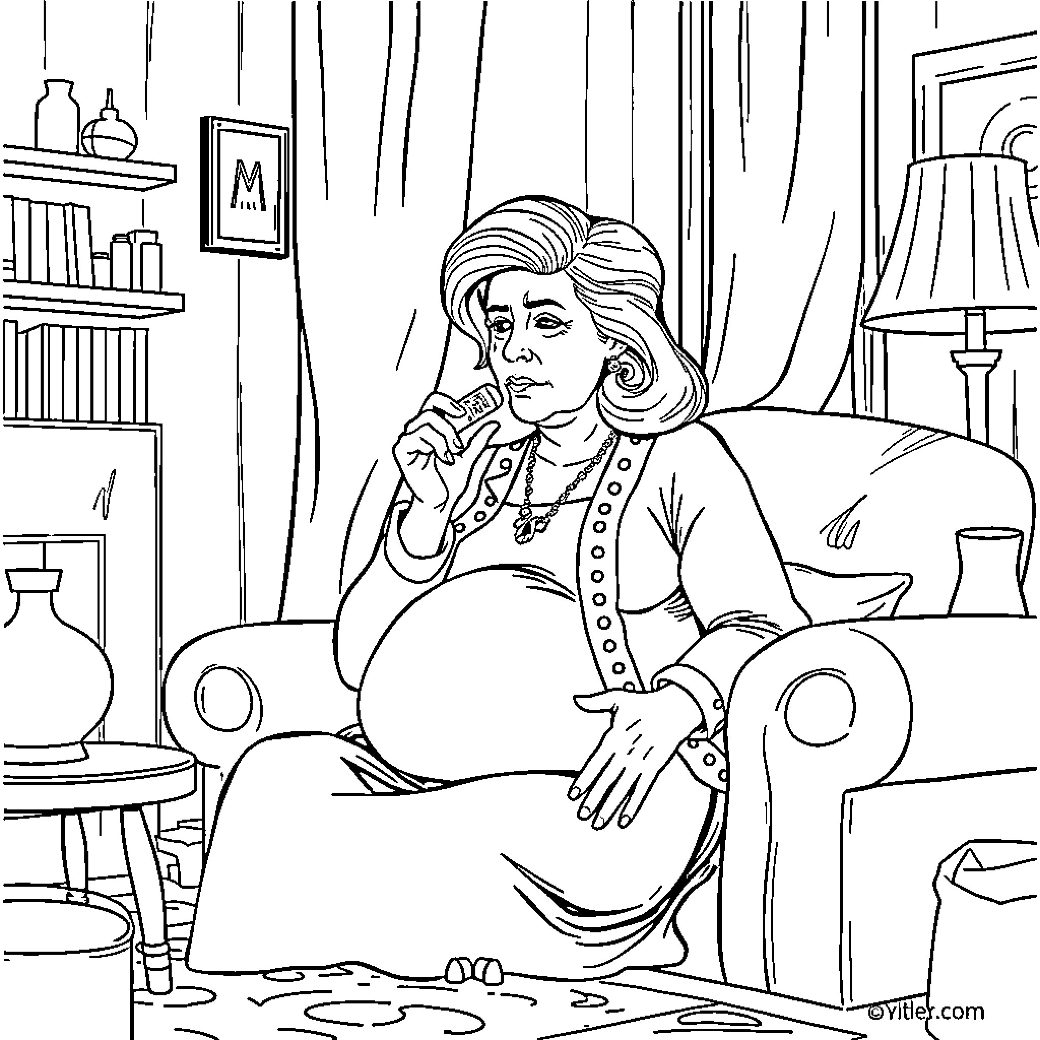 Mother enjoying a quiet moment in her home Coloring Page (free black-and-white line drawing printable PDF for all, from beginners to advanced learners, including children, teens, adults, and seniors)