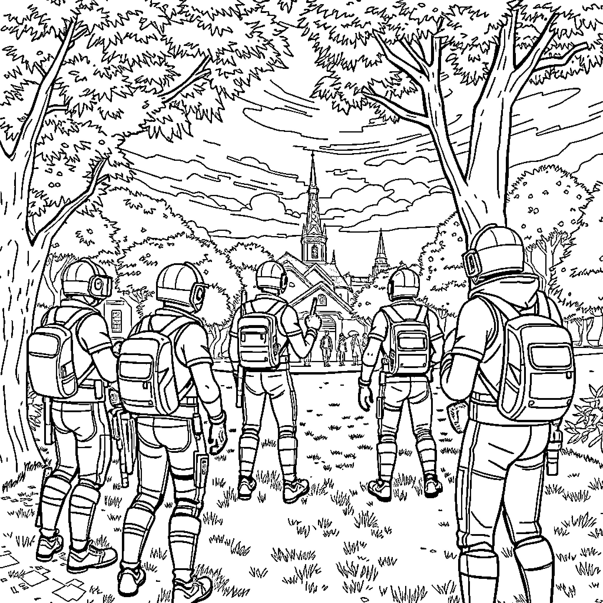 Fortnite Characters Exploring the Wilderness Coloring Page (free black-and-white line drawing printable PDF for all, from beginners to advanced learners, including children, teens, adults, and seniors)