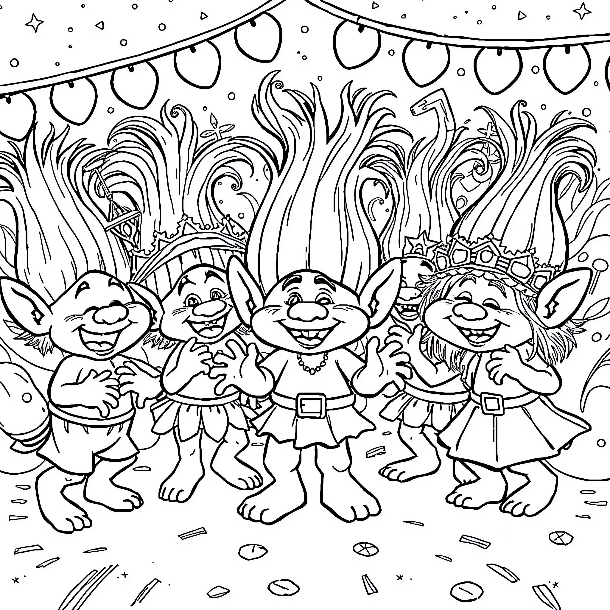 Troll Party Celebration with Whimsical Costumes Coloring Page (free black-and-white line drawing printable PDF for all, from beginners to advanced learners, including children, teens, adults, and seniors)