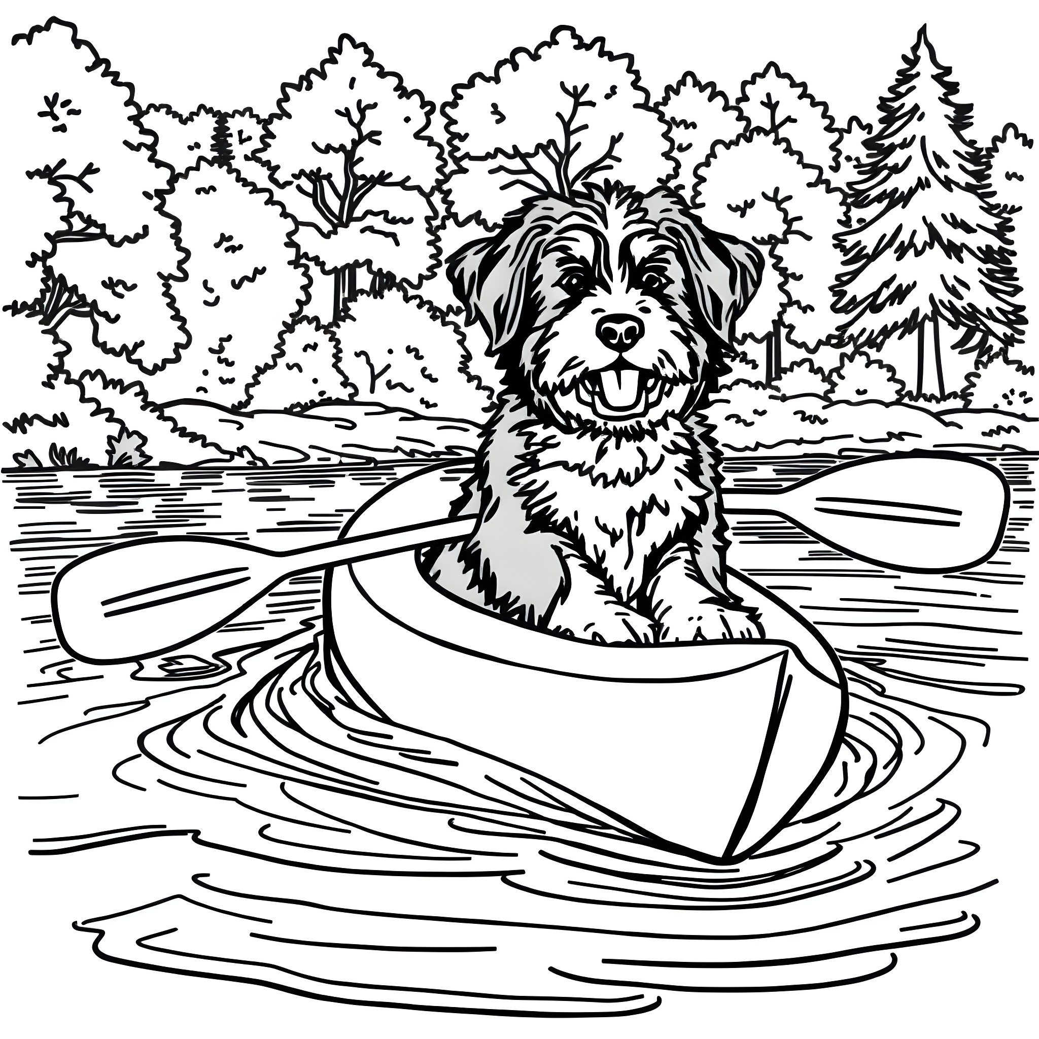 Bernedoodle enjoying a relaxing paddle in the river Coloring Page (free black-and-white line drawing printable PDF for all, from beginners to advanced learners, including children, teens, adults, and seniors)