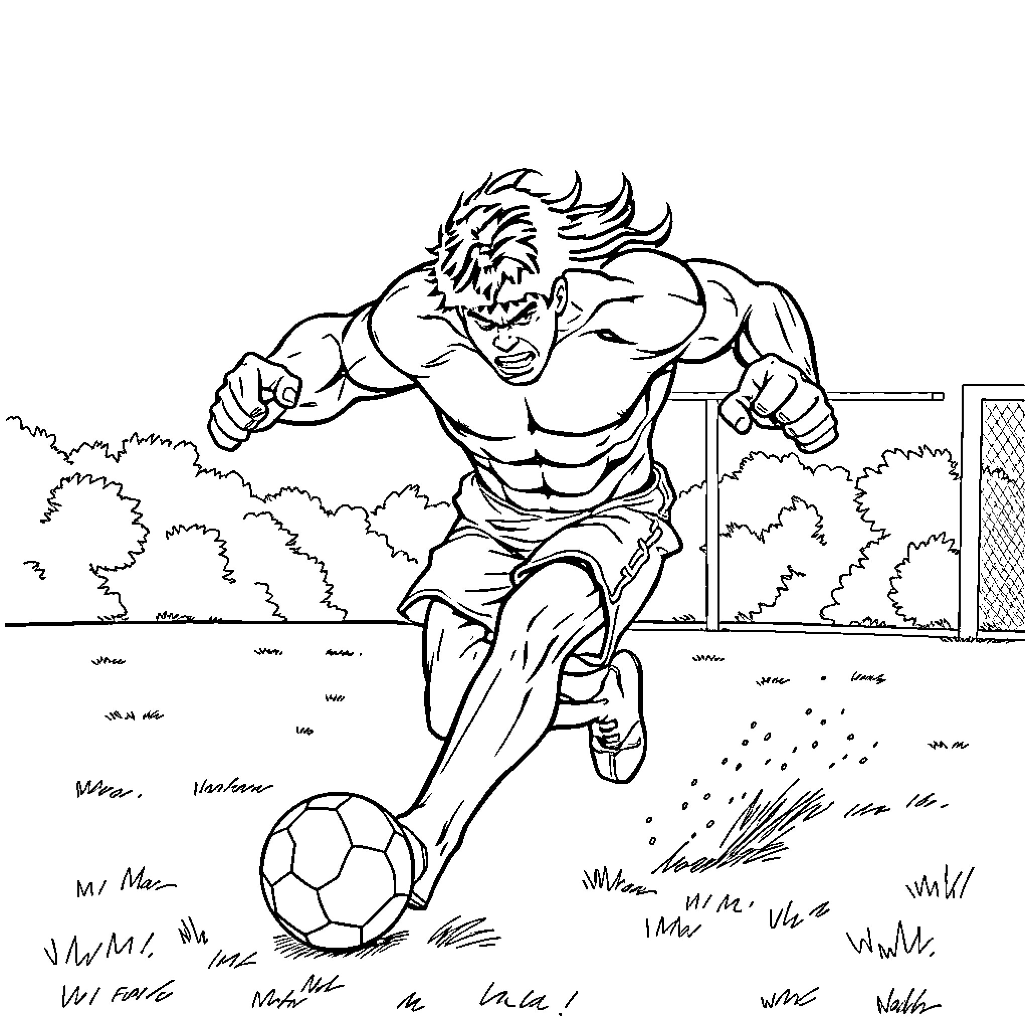Hulk Kicking Soccer Ball in Outdoor Setting Coloring Page (free black-and-white line drawing printable PDF for all, from beginners to advanced learners, including children, teens, adults, and seniors)