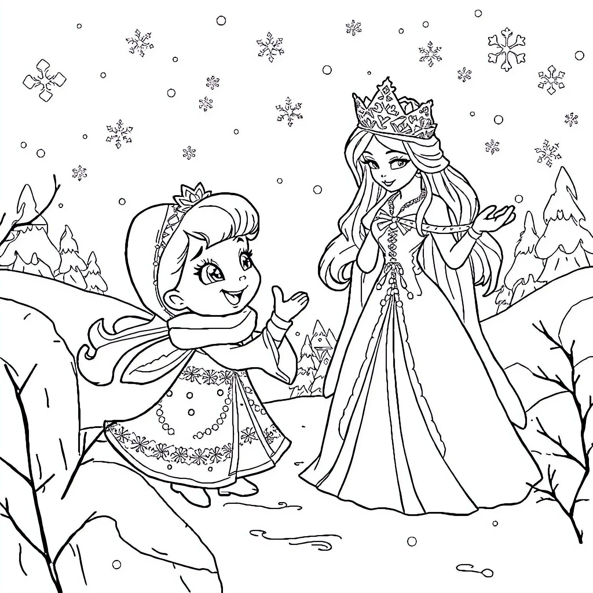 Mirabel and the Winter Princess in the Snowy Landscape Coloring Page (free black-and-white line drawing printable PDF for all, from beginners to advanced learners, including children, teens, adults, and seniors)