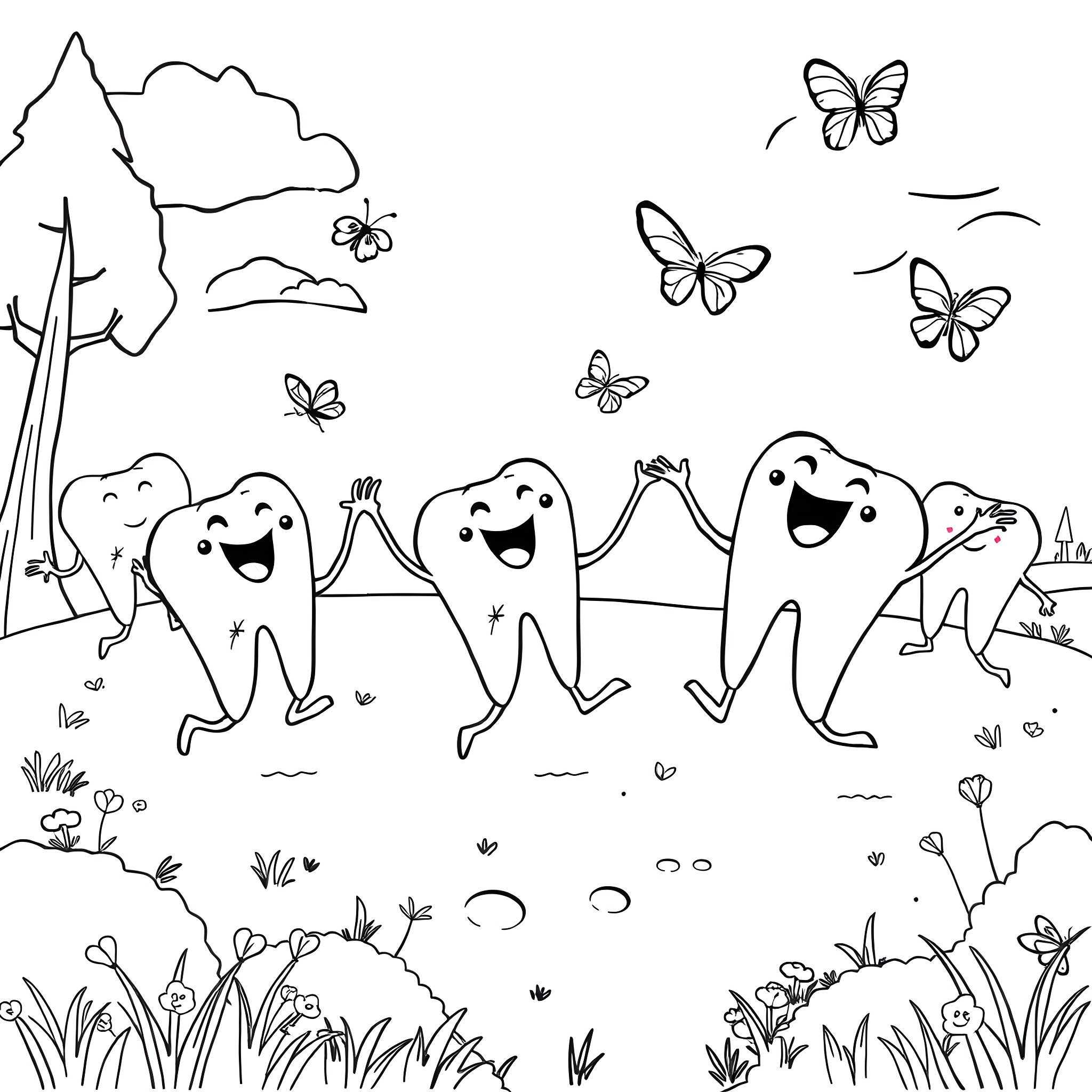 Tooth characters enjoying a happy outing in nature Coloring Page (free black-and-white line drawing printable PDF for all, from beginners to advanced learners, including children, teens, adults, and seniors)