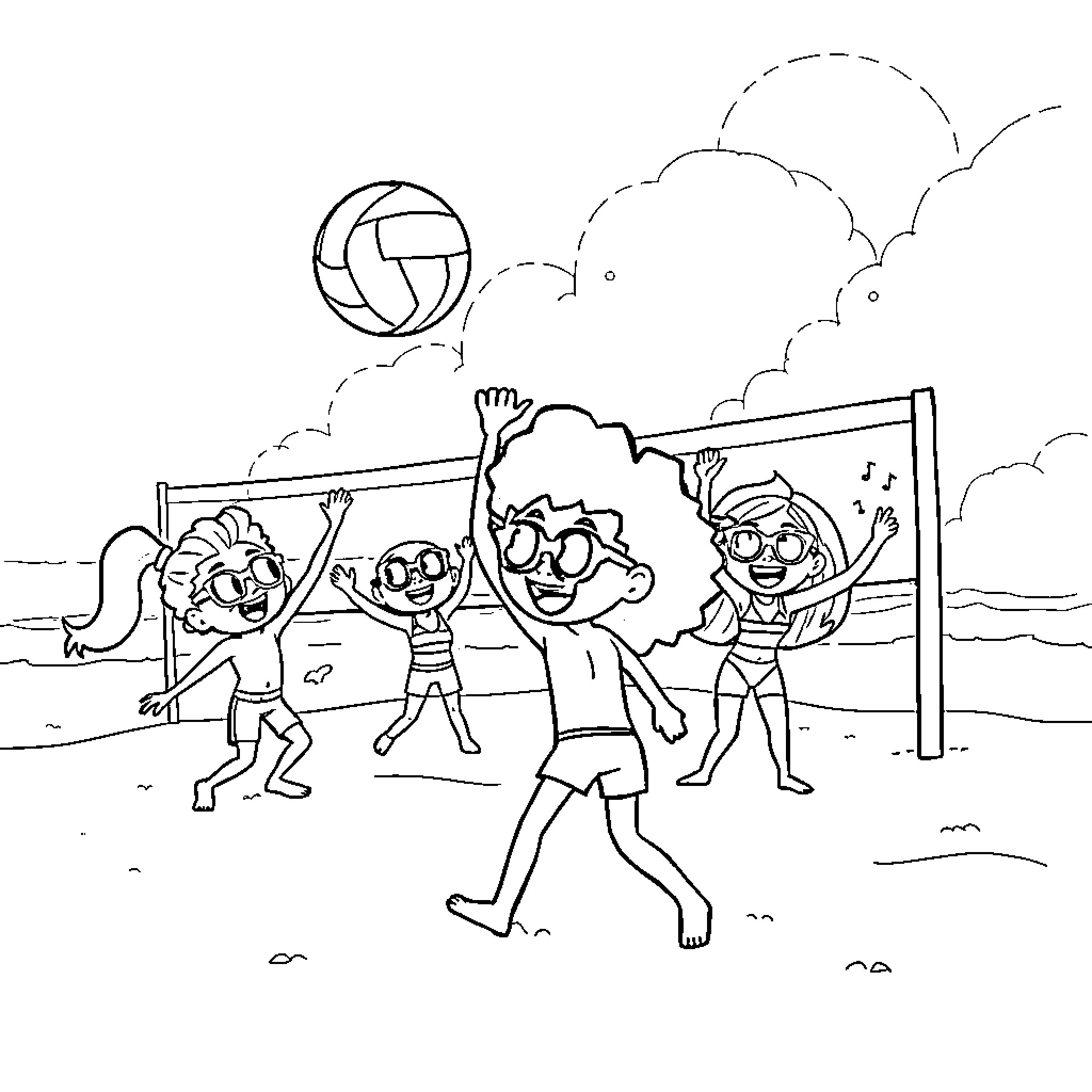 Brawl Stars: Lively Volleyball Match Coloring Page (free black-and-white line drawing printable PDF for all, from beginners to advanced learners, including children, teens, adults, and seniors)