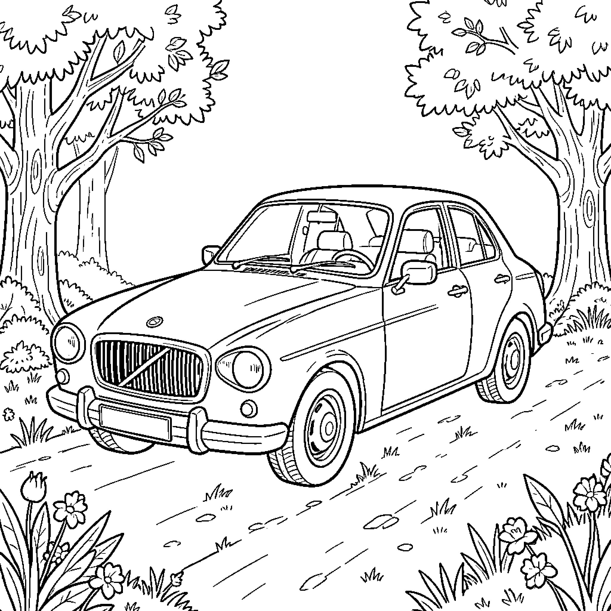 Car driving along a scenic path through trees Coloring Page (free black-and-white line drawing printable PDF for all, from beginners to advanced learners, including children, teens, adults, and seniors)