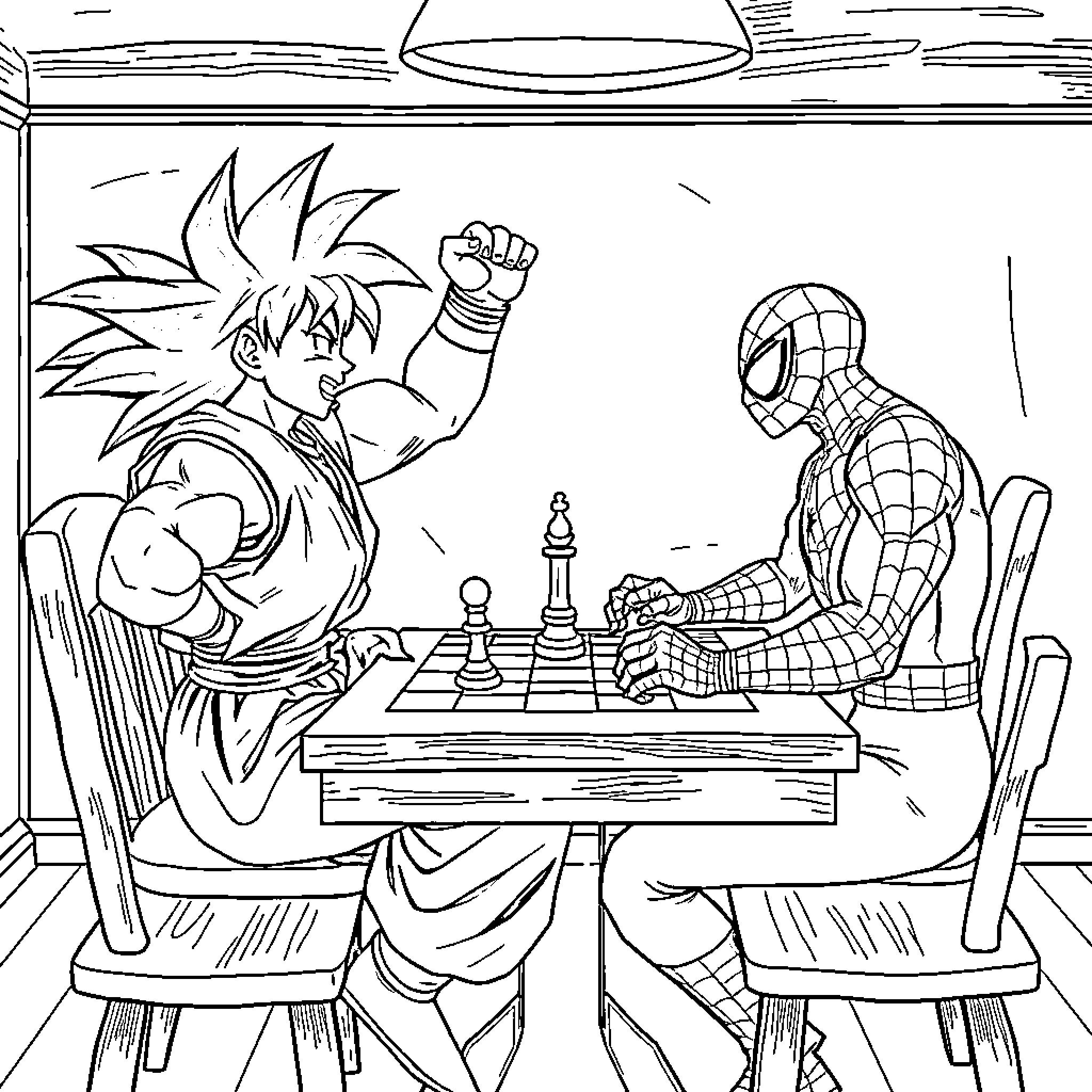 Son Goku Plays Chess with Spiderman Coloring Page (free black-and-white line drawing printable PDF for all, from beginners to advanced learners, including children, teens, adults, and seniors)