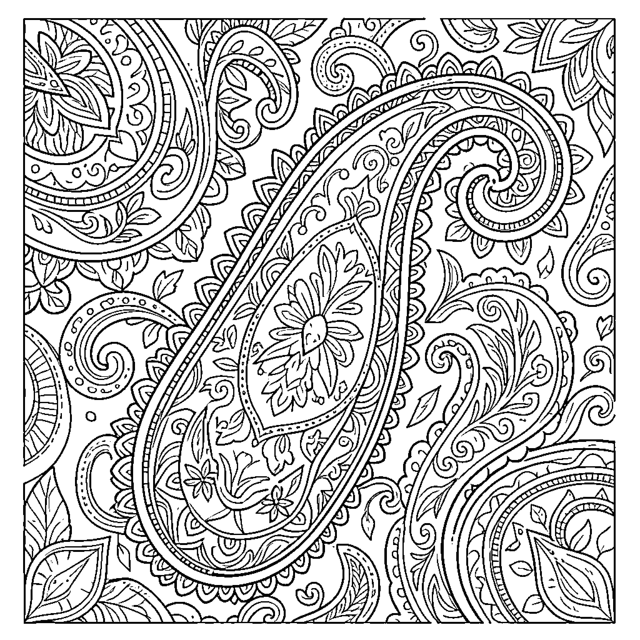 Paisley pattern featuring intricate floral and swirl designs Coloring Page (free black-and-white line drawing printable PDF for all, from beginners to advanced learners, including children, teens, adults, and seniors)