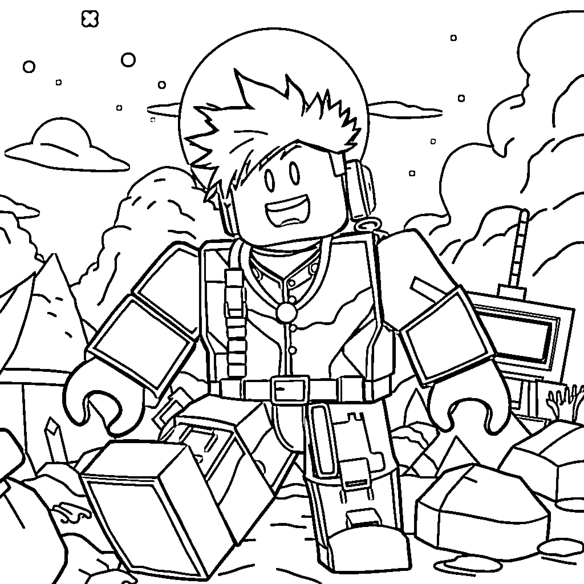 Roblox character exploring the wilderness Coloring Page (free black-and-white line drawing printable PDF for all, from beginners to advanced learners, including children, teens, adults, and seniors)