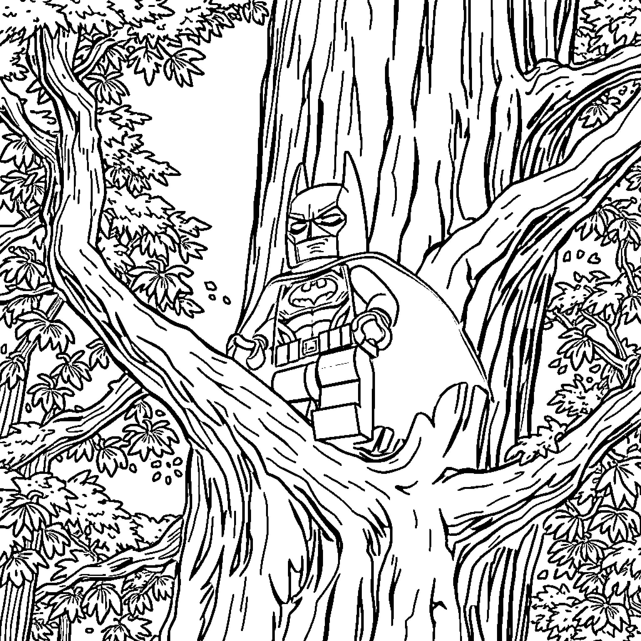 Batman exploring the mysterious forest Coloring Page (free black-and-white line drawing printable PDF for all, from beginners to advanced learners, including children, teens, adults, and seniors)